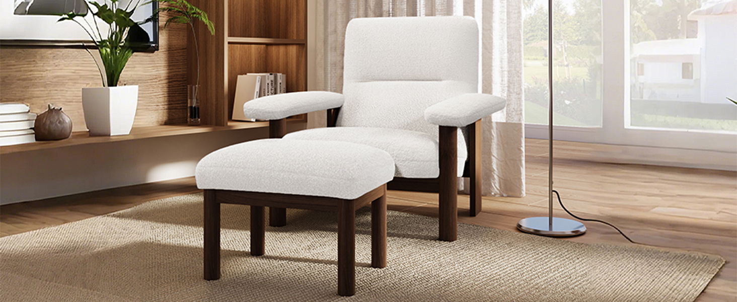 Modern Accent Chair With Ottoman, Mid Century Lounge Chair With Footrest, Comfy Fabric Armchair Upholstered Set With Solid Wood Frame For Living Room - White
