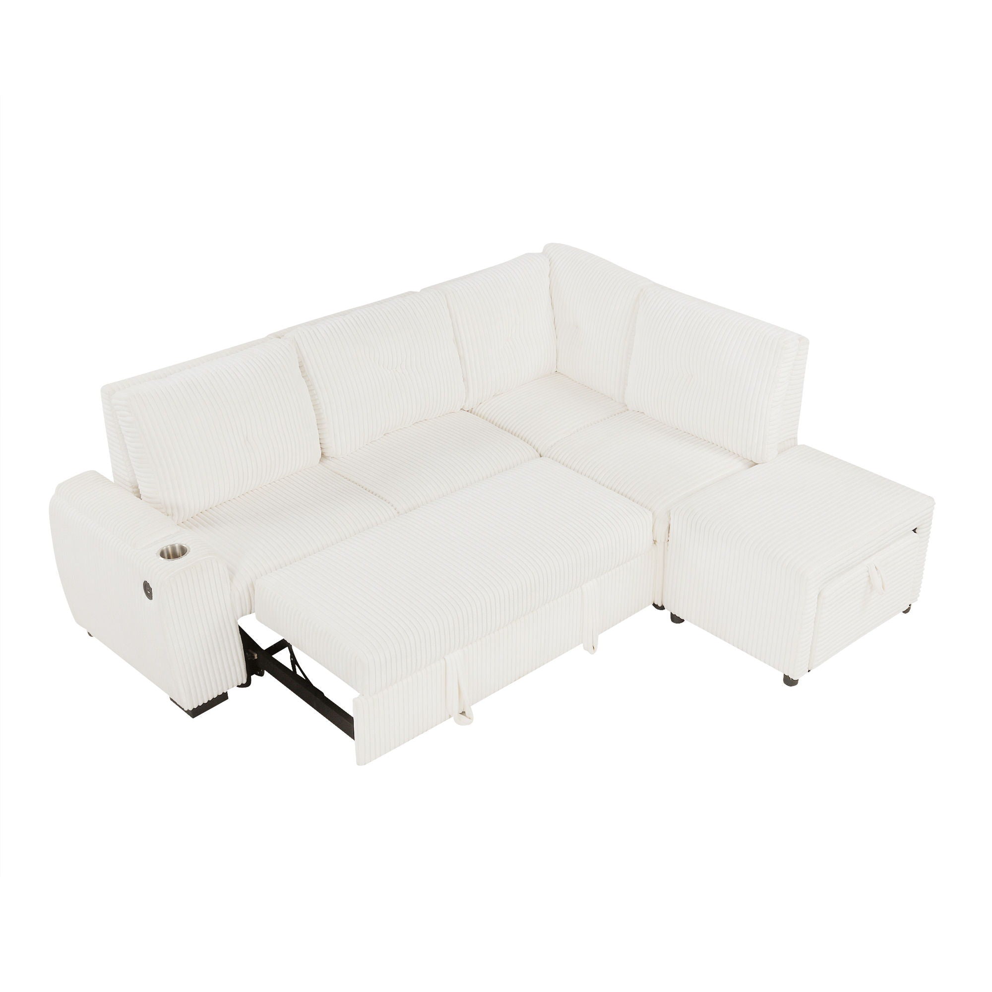 Pull-Out L-Shaped Sectional Sofa With Movable Ottoman And Stool, Large Storage Space, A Cup Holder, And 2 USB Ports For Living Room