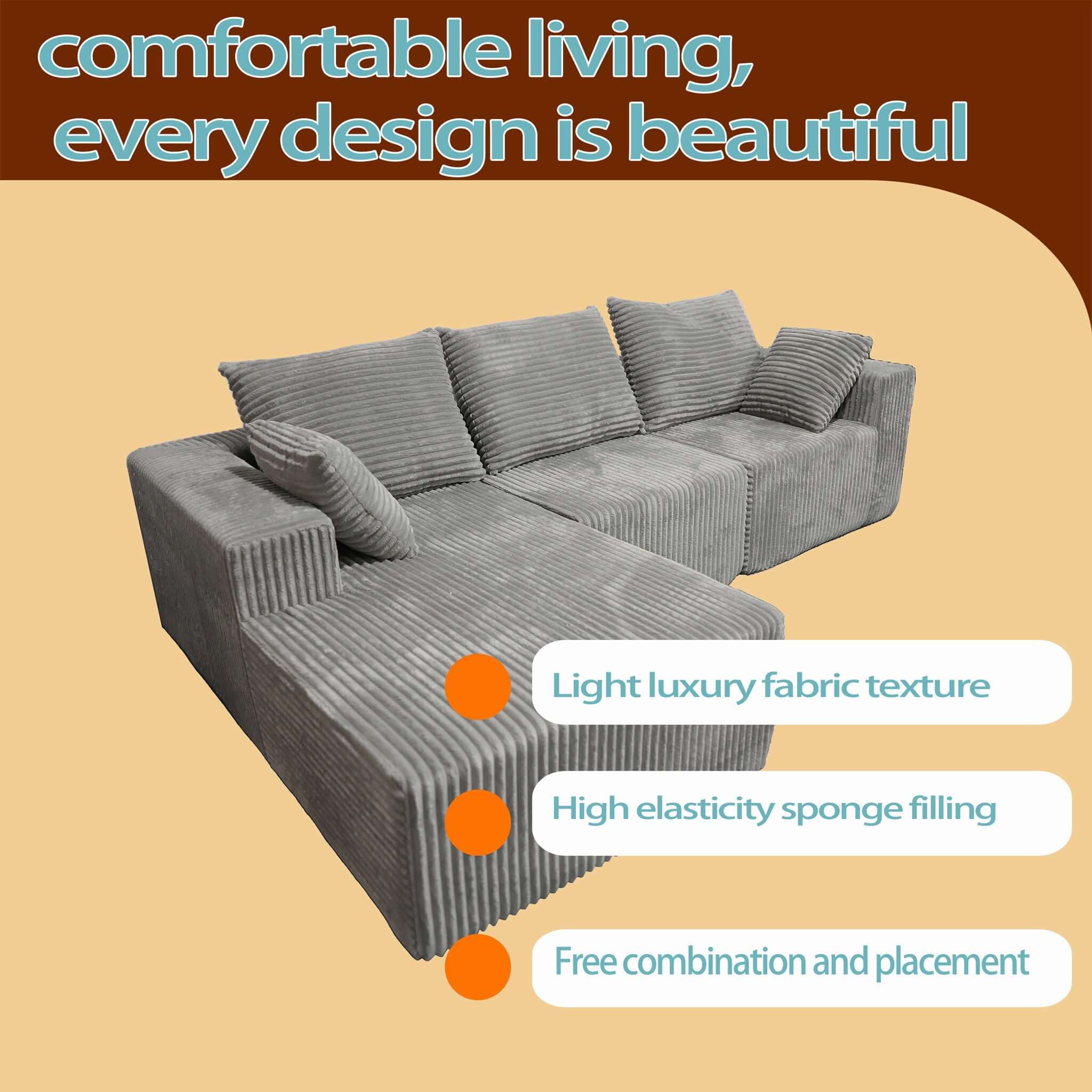 Corner Combination Sofa Sectional Couch With Soft Plush Fabric