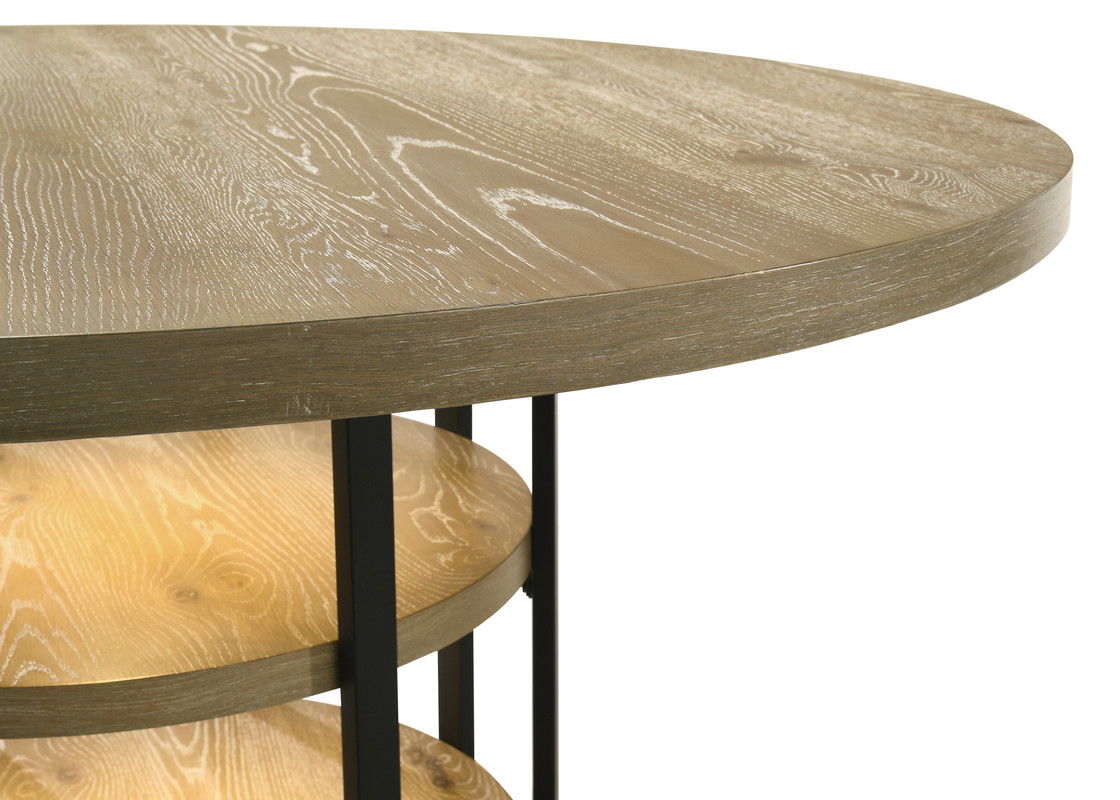 Eden 7Pc 59" Round Rustic Oak Dining Set with LED Light, Black Metal Table Frame, Shelves, Beige Linen Chairs