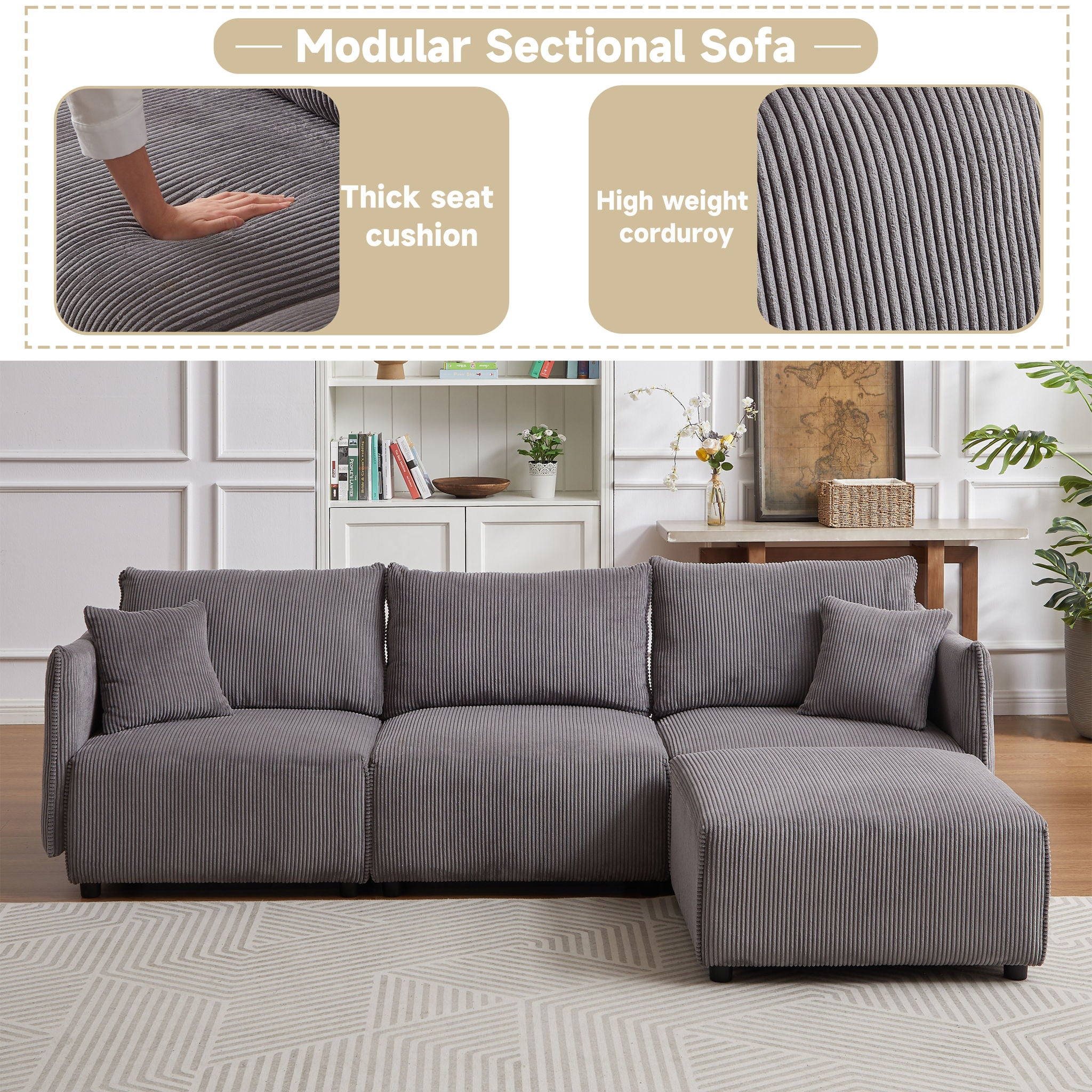 Modern Minimalist Corduroy Combination Sofa With 2 Comfort Cushions With USB & C Charging Ports
