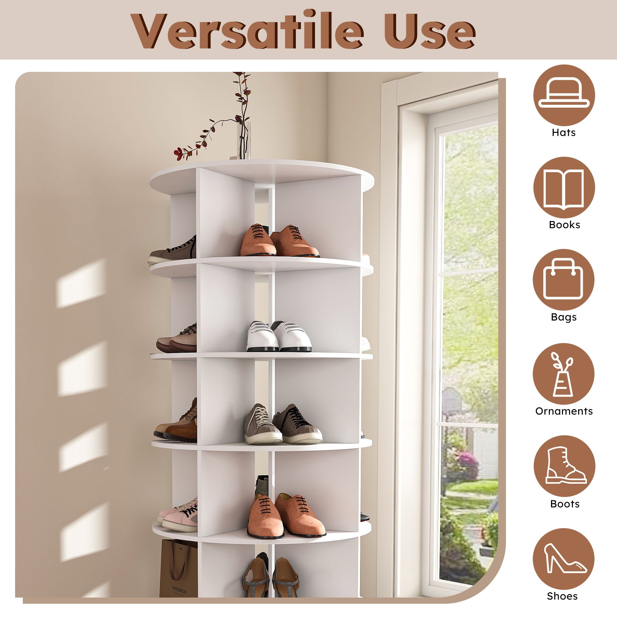 6 Tier Spinning Shoe Rack, Free Standing 360° Revolving Shoe Organizer - White