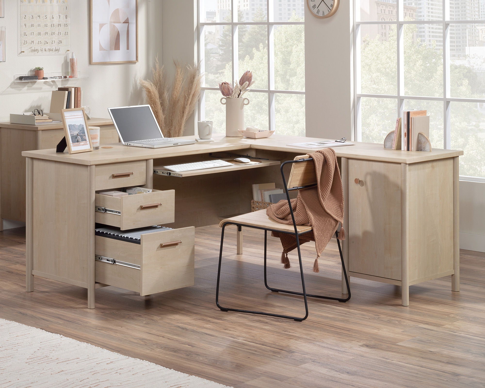 L-Shaped Home Office Desk in Natural Maple