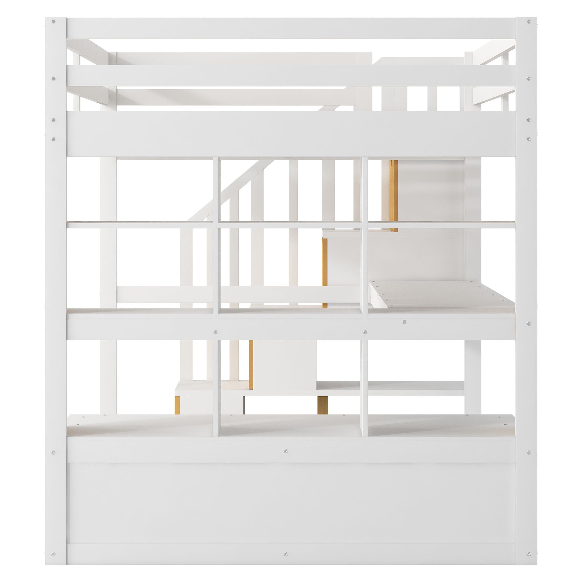 Full Size Loft Bed With Desk And Shelves, 2 Built In Drawers, Storage Staircase - Natural / White