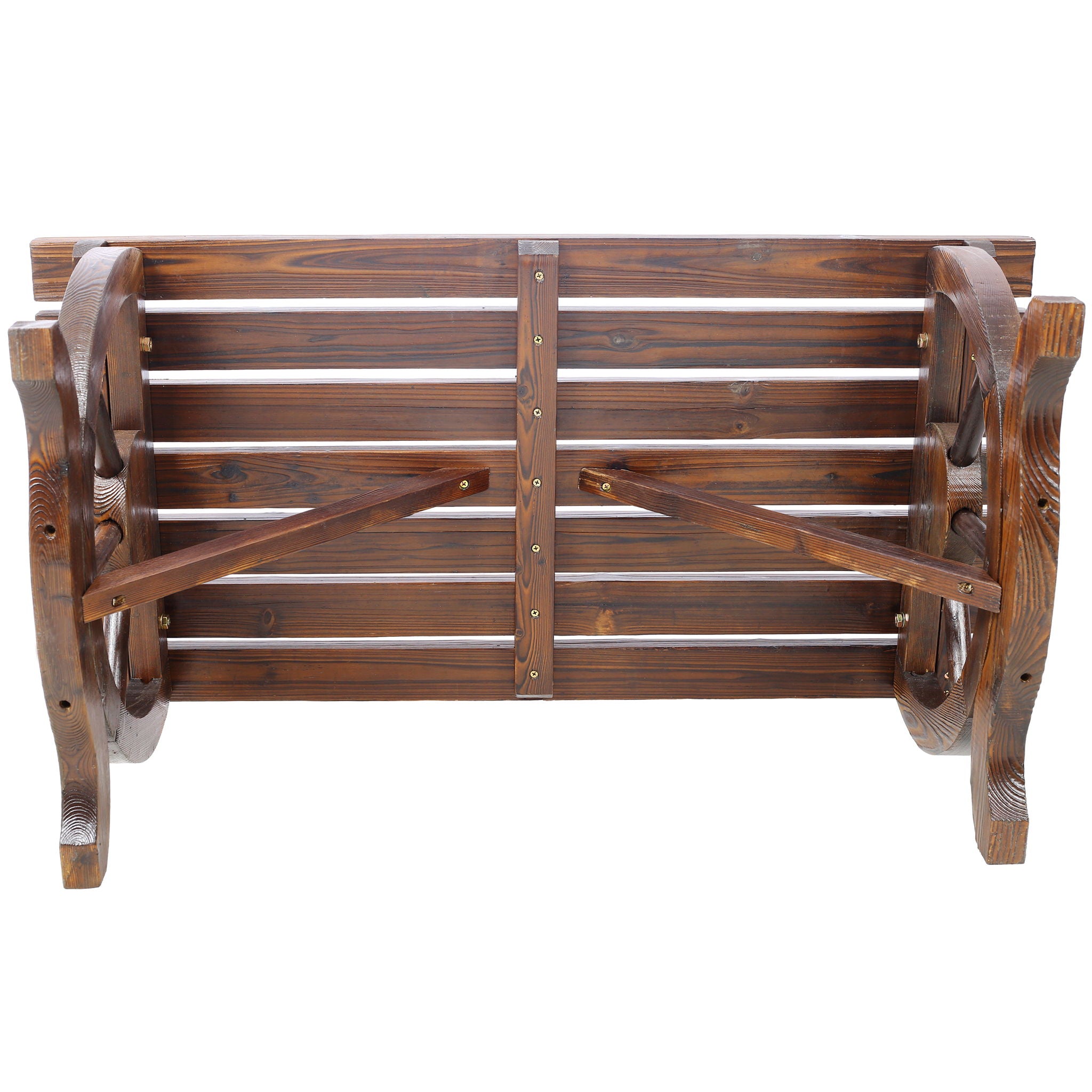 Rustic Wooden Bench With Wagon Wheel Legs For Garden And Patio - Brown
