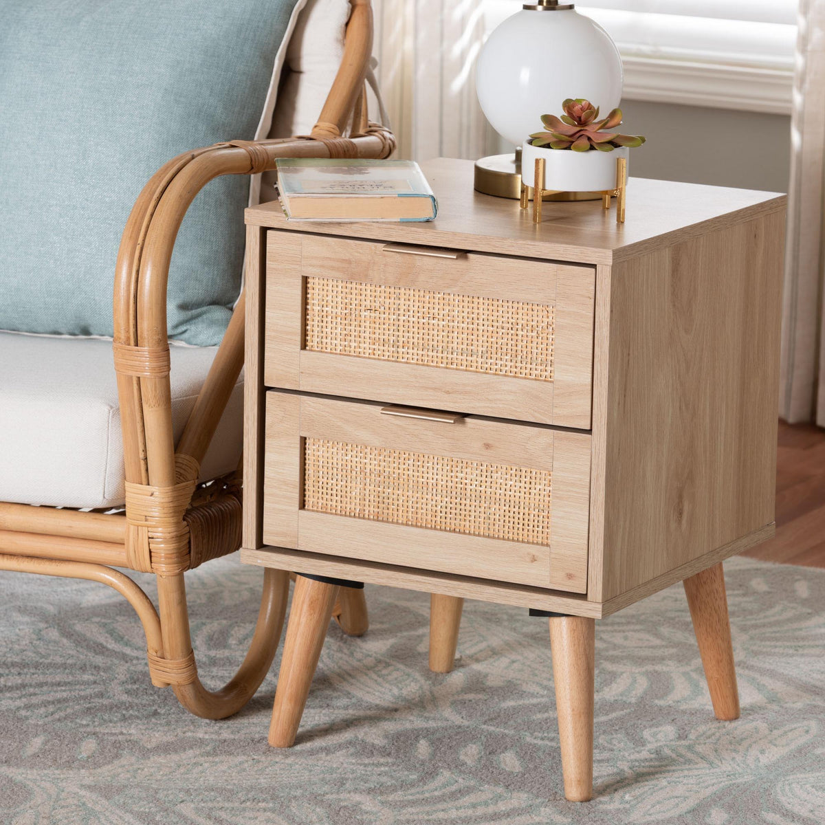 Baird Mid-Century Modern Light Oak Brown Finished Wood and Rattan 2-Drawer End Table