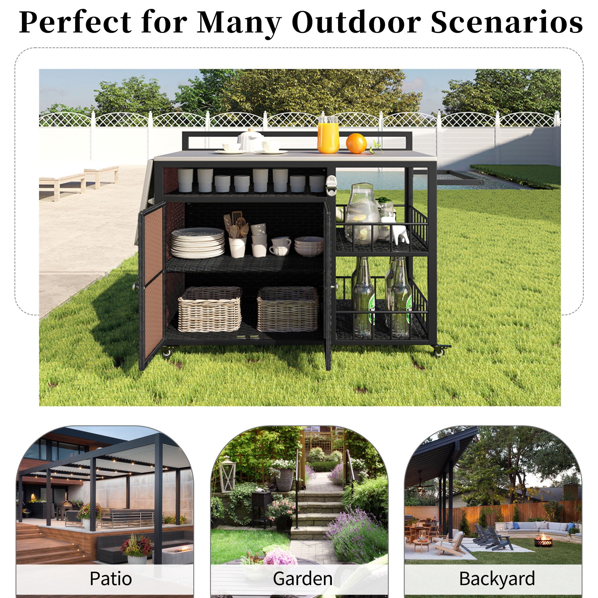 Outdoor Kitchen Island With Storage, Cooking Station, Grill Cart, Foldable Tabletop, And Bottle Opener - Dark Brown
