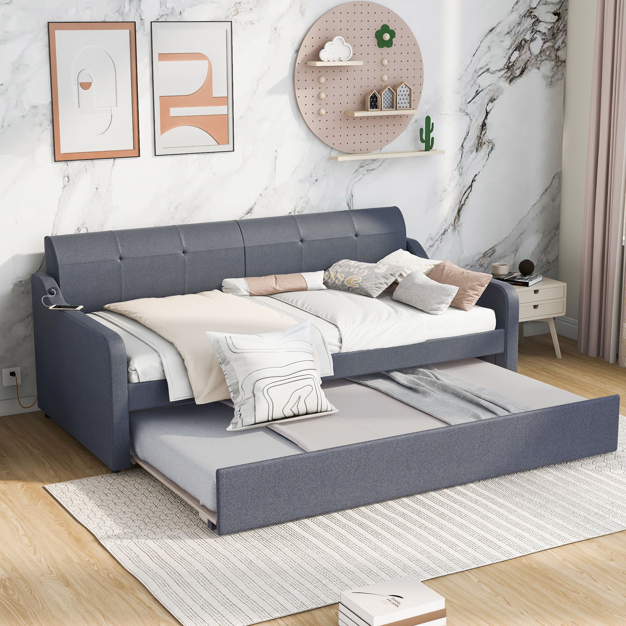 Upholstered Daybed With Trundle And USB Charging