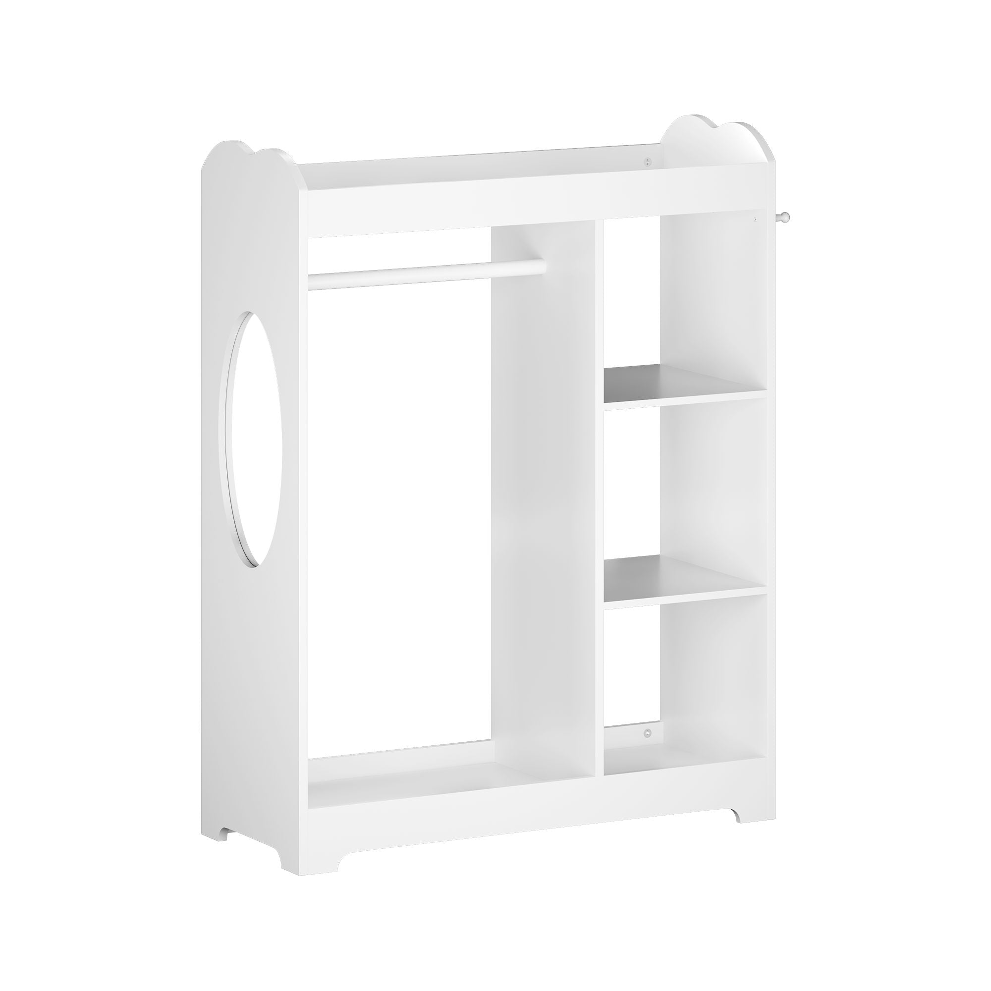 Dress Up Storage With Mirror And Hooks, Clothes Rack With Hanging Rod, 3 Side Hooks, Open Shelves, Top Shelf Organizer - White
