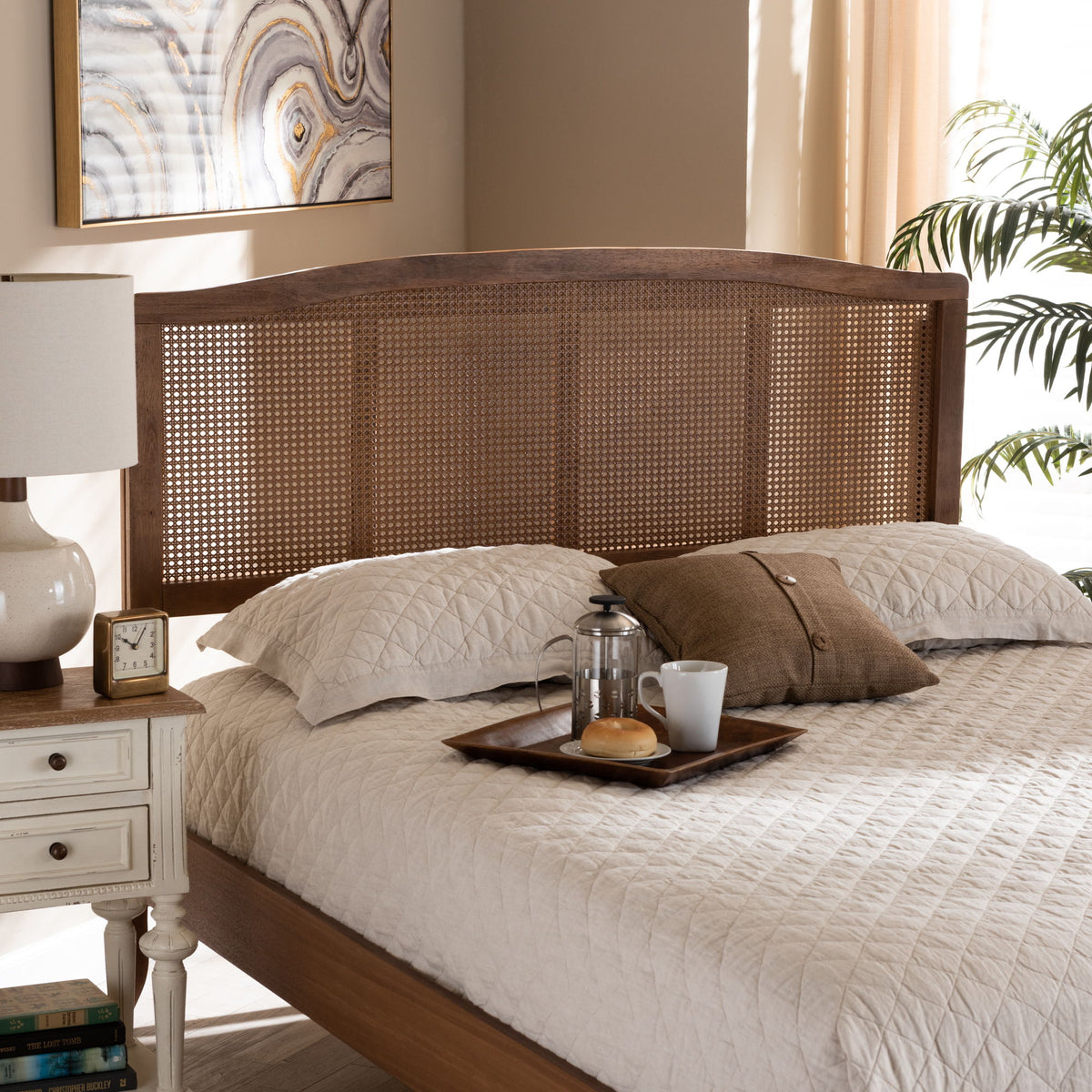 Marieke Mid-Century Modern Ash Wanut Finished Wood and Synthetic Rattan Full Size Headboard