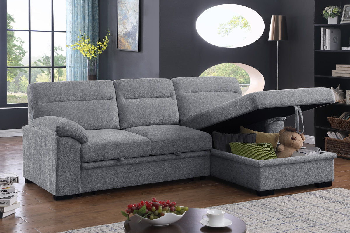 Kipling II 94"W Light Gray Chenille Fabric Sleeper Sectional Sofa with Right-Facing Chaise, Cupholders, USB Charging port
