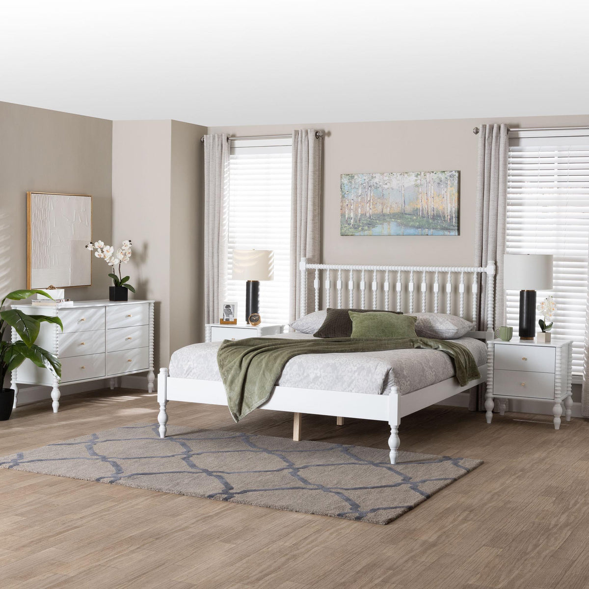 Callison Spindle 4-Piece Bedroom Set - Farmhouse Platform Bed with Matching Dresser and 2-Drawer Nightstands, White, Full