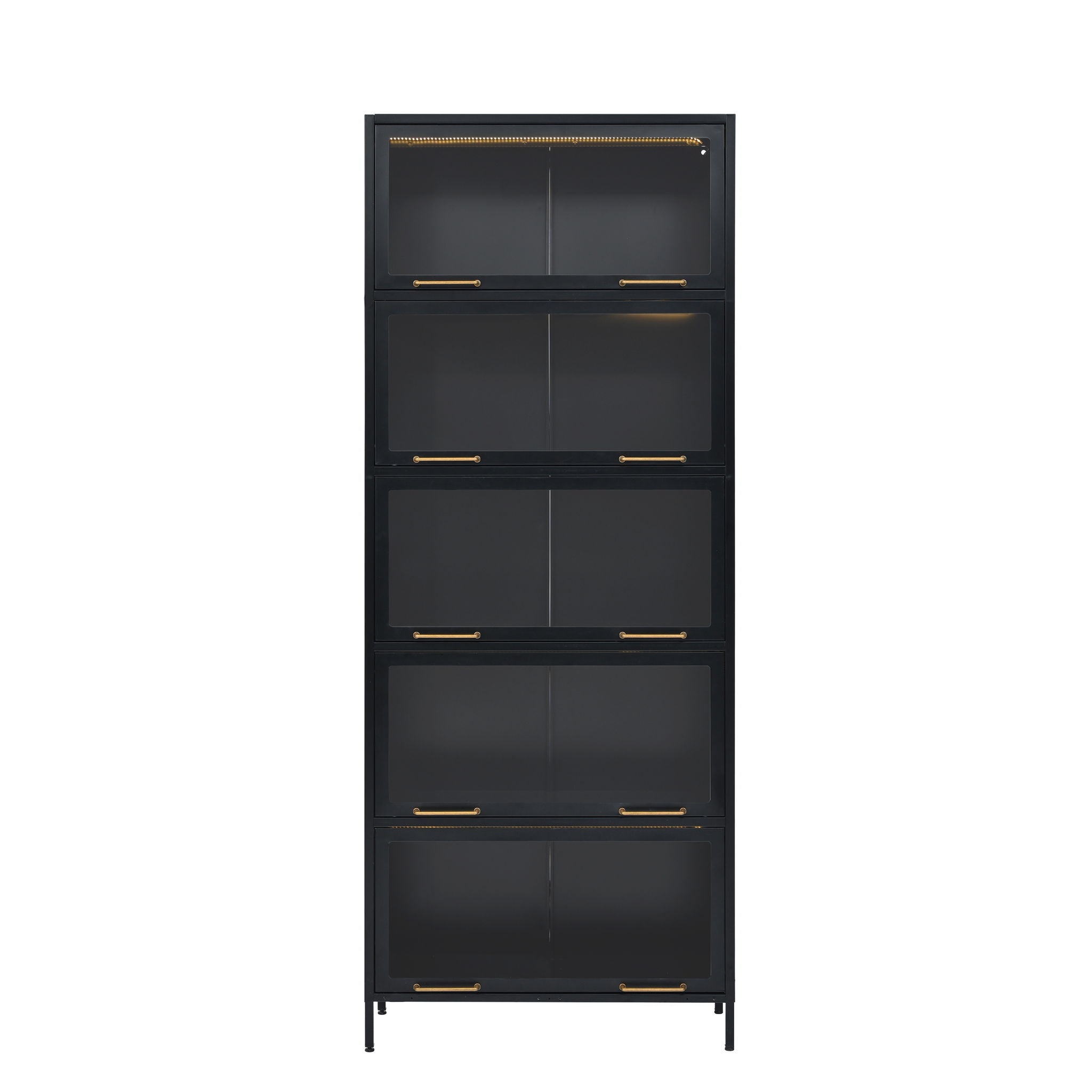 Modern Steel Display Cabinet With Glass Doors And LED Lights, 5 Tier Steel Barrister Bookcase For Home Or Office - Black