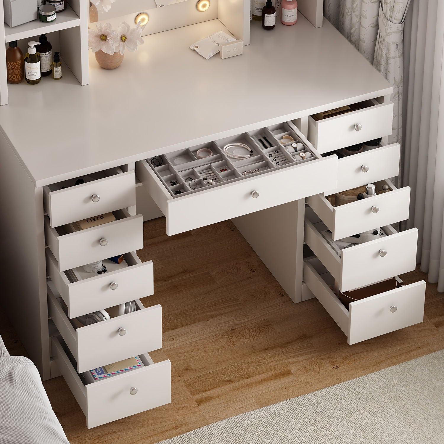 Vanity Desk With LED Lighted Mirror, Makeup Vanity With 11 Drawers, Adjustable Lighting - White