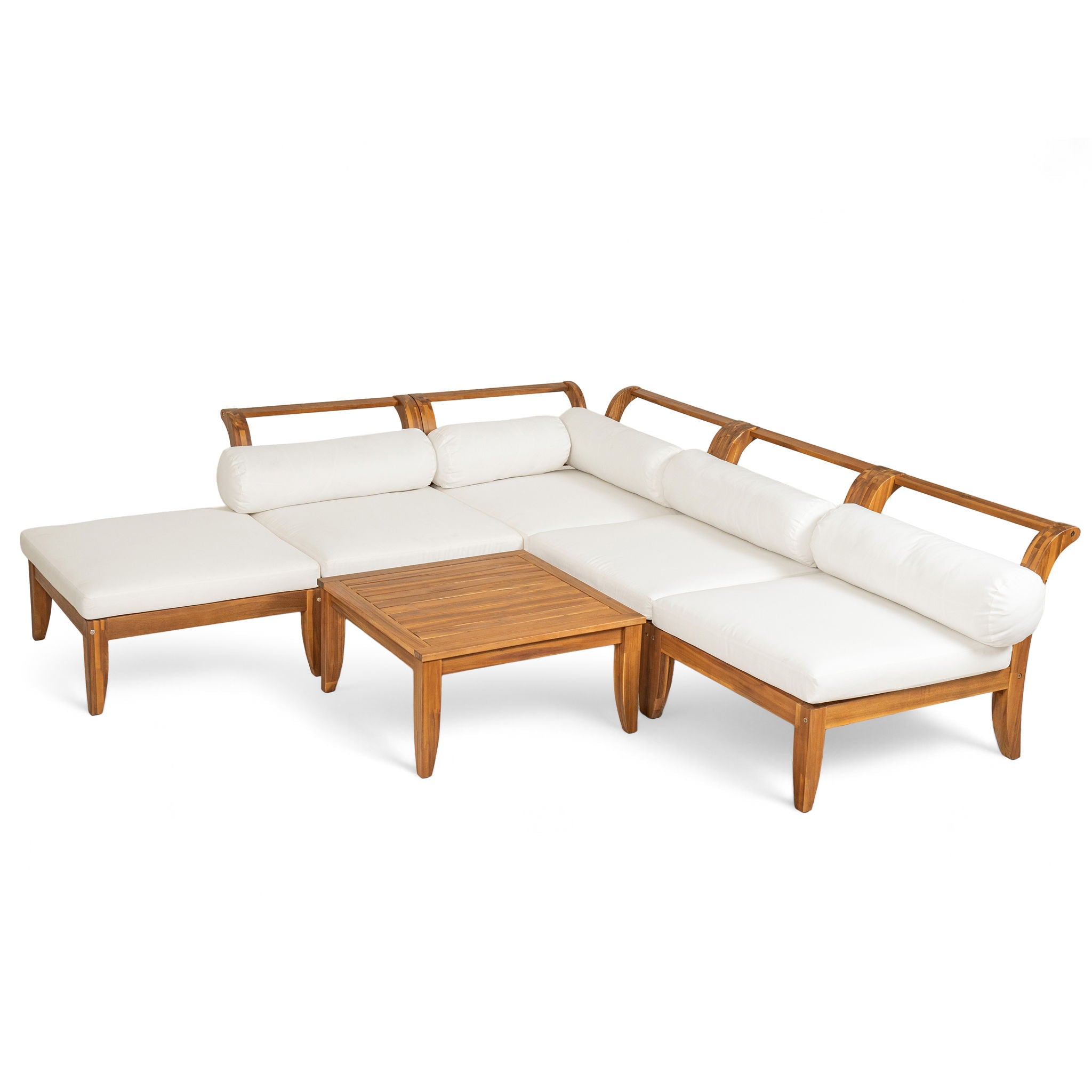 6 Piece Patio Sofa Set, Acacia Wood Outdoor Modular Sectional Garden Furniture Set L Shaped Conversation Set, Convertible Daybed With Tea Table, Ottoman, 5 Cushions And Pillows - Teak / Beige