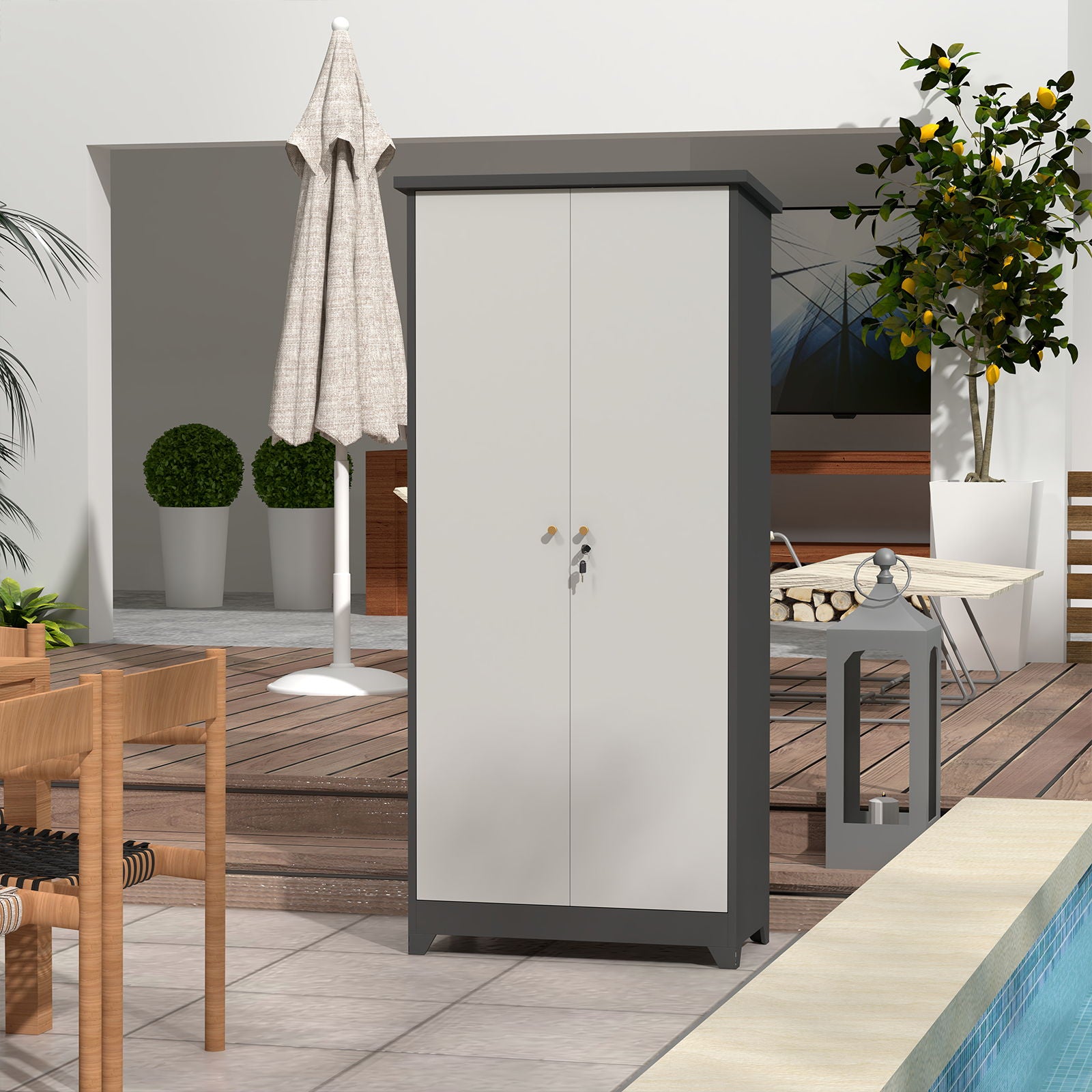Outdoor Cabinet, Large Capacity Storage Vertical Tall Design With Shelves And Secure Lock