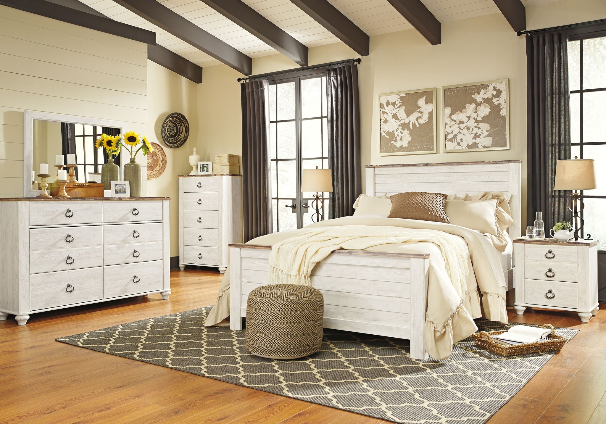 Willowton - Two Drawer Night Stand - Brown / Beige / White