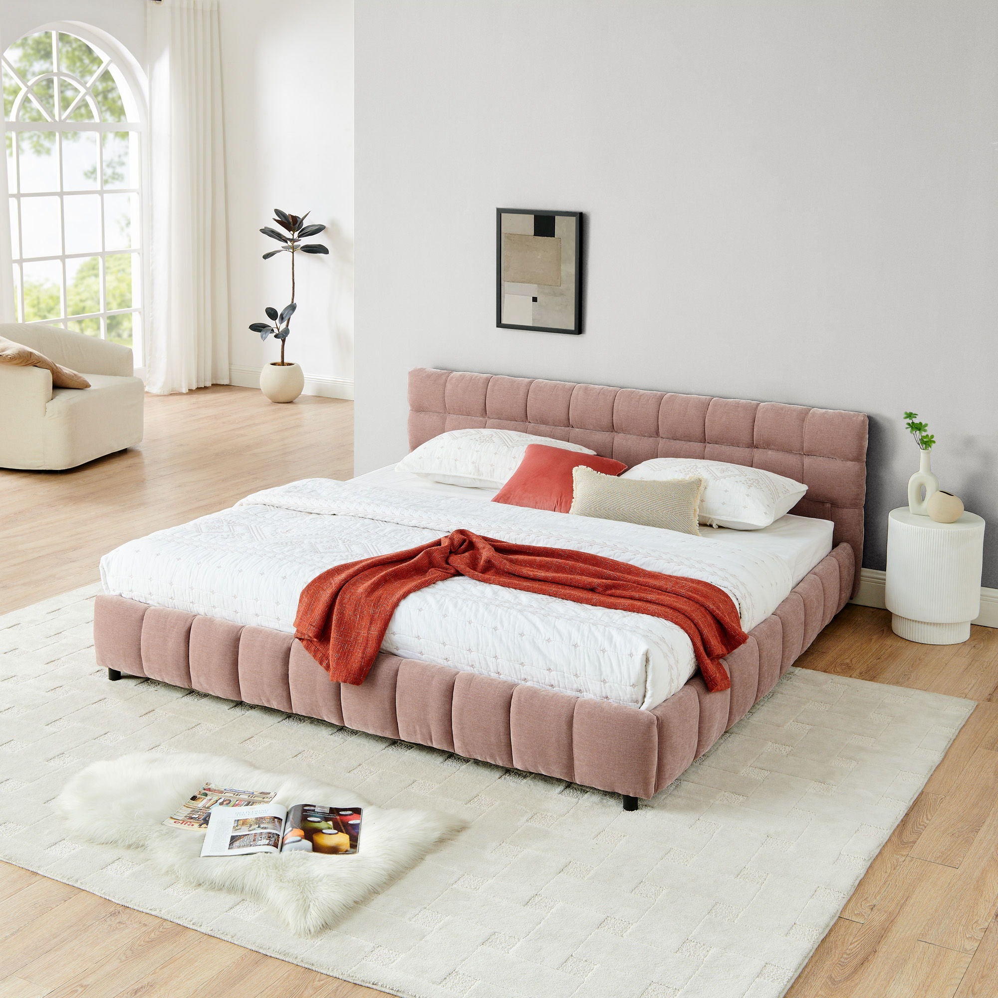 Modern Platform Bed Frame With Thick Chenille Fabric