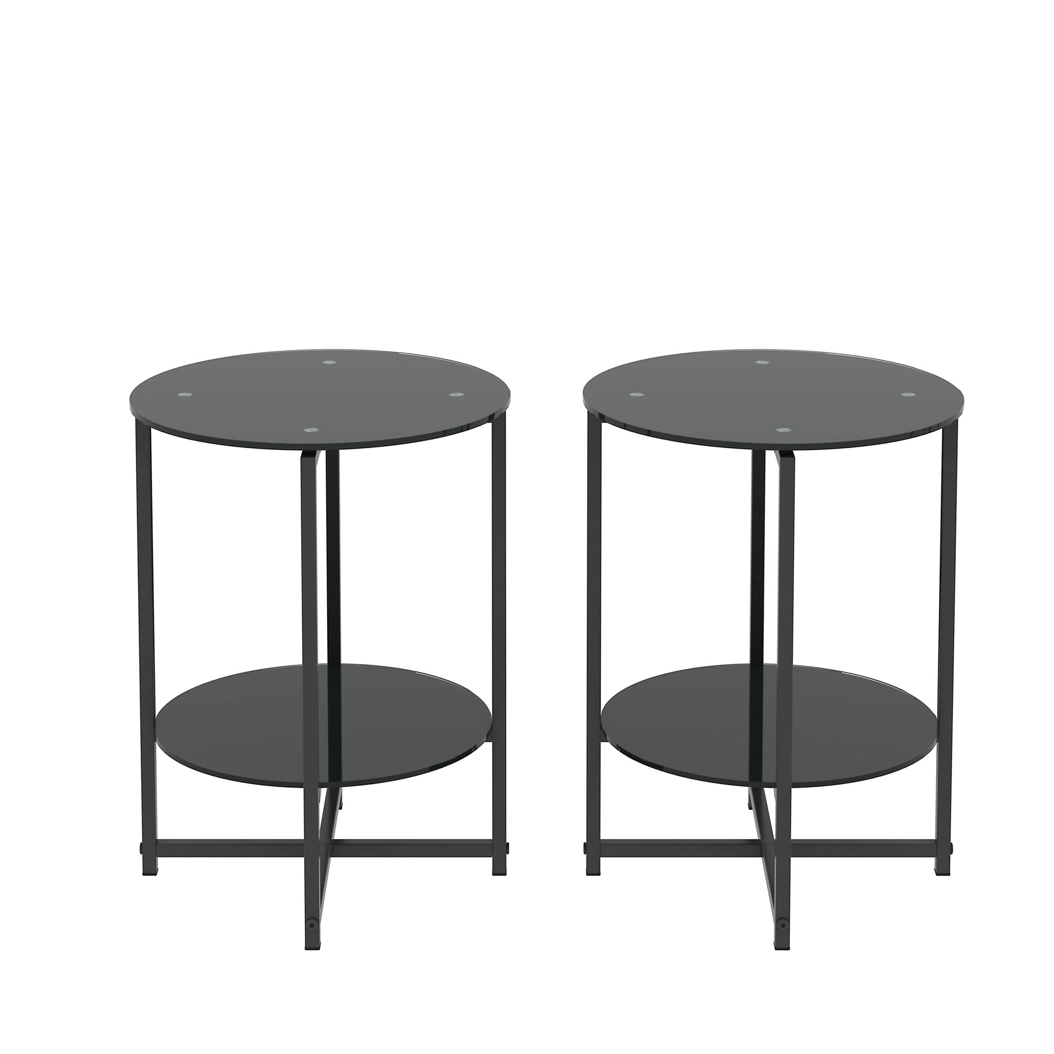JWS Tempered Glass End Table (Set of 2), Round Coffee Table For Bedroom Living Room Office - Black