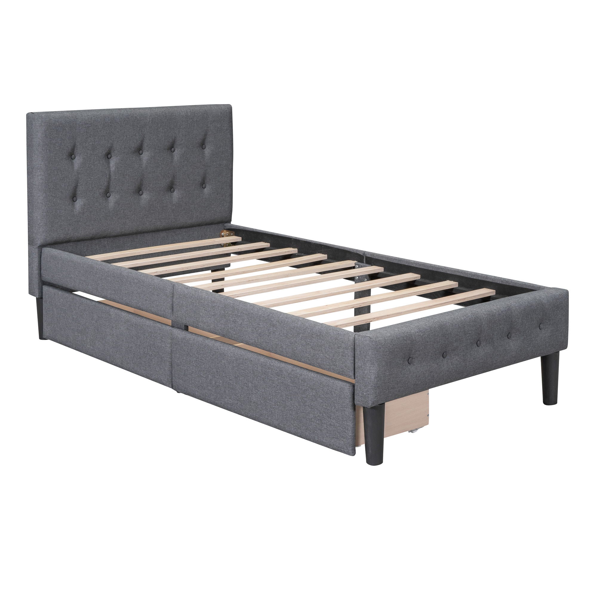 Twin Size Upholstered Platform Bed With 2 Drawers - Gray