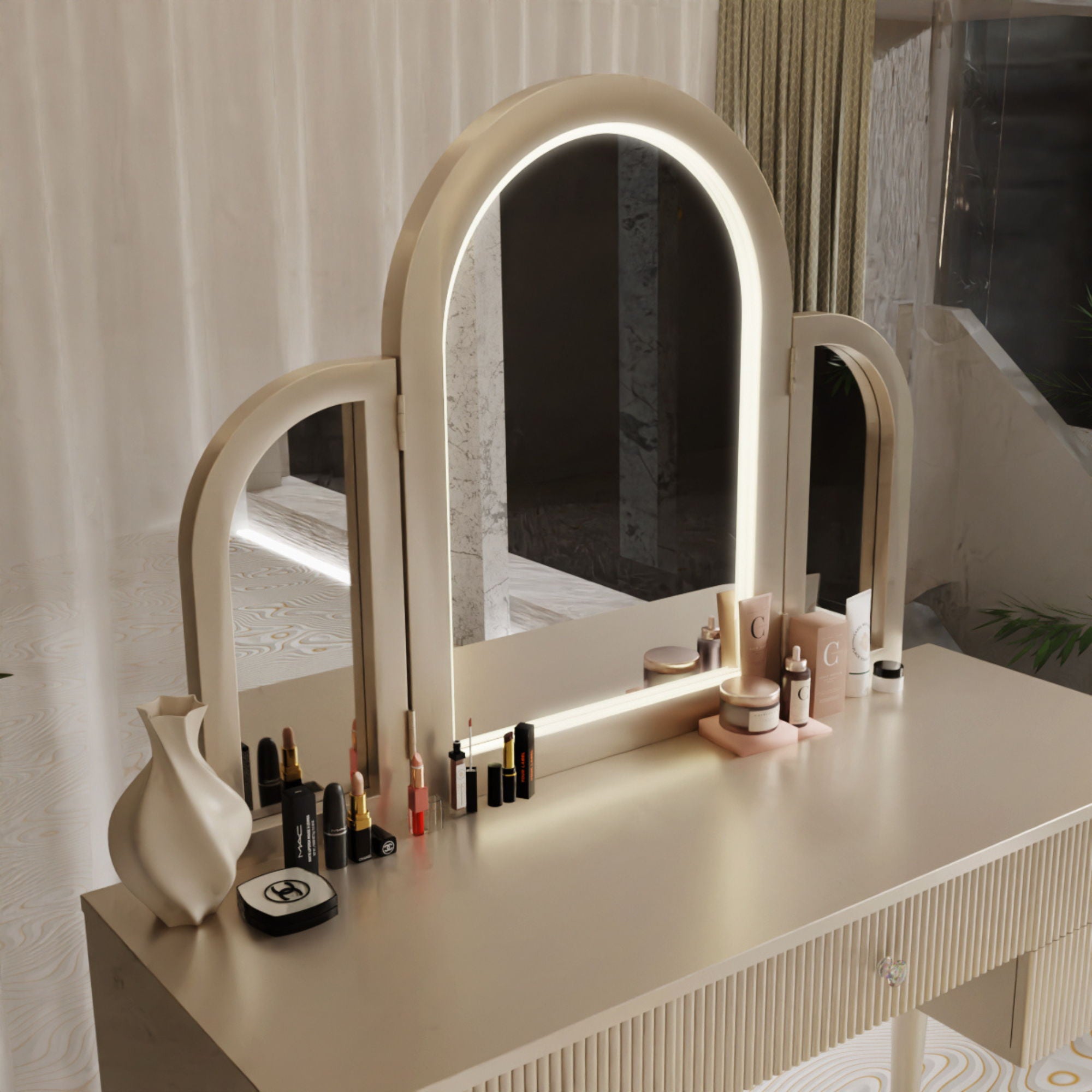 Mirrored Makeup Vanity Table Set With Adjustable Lighting And Storage