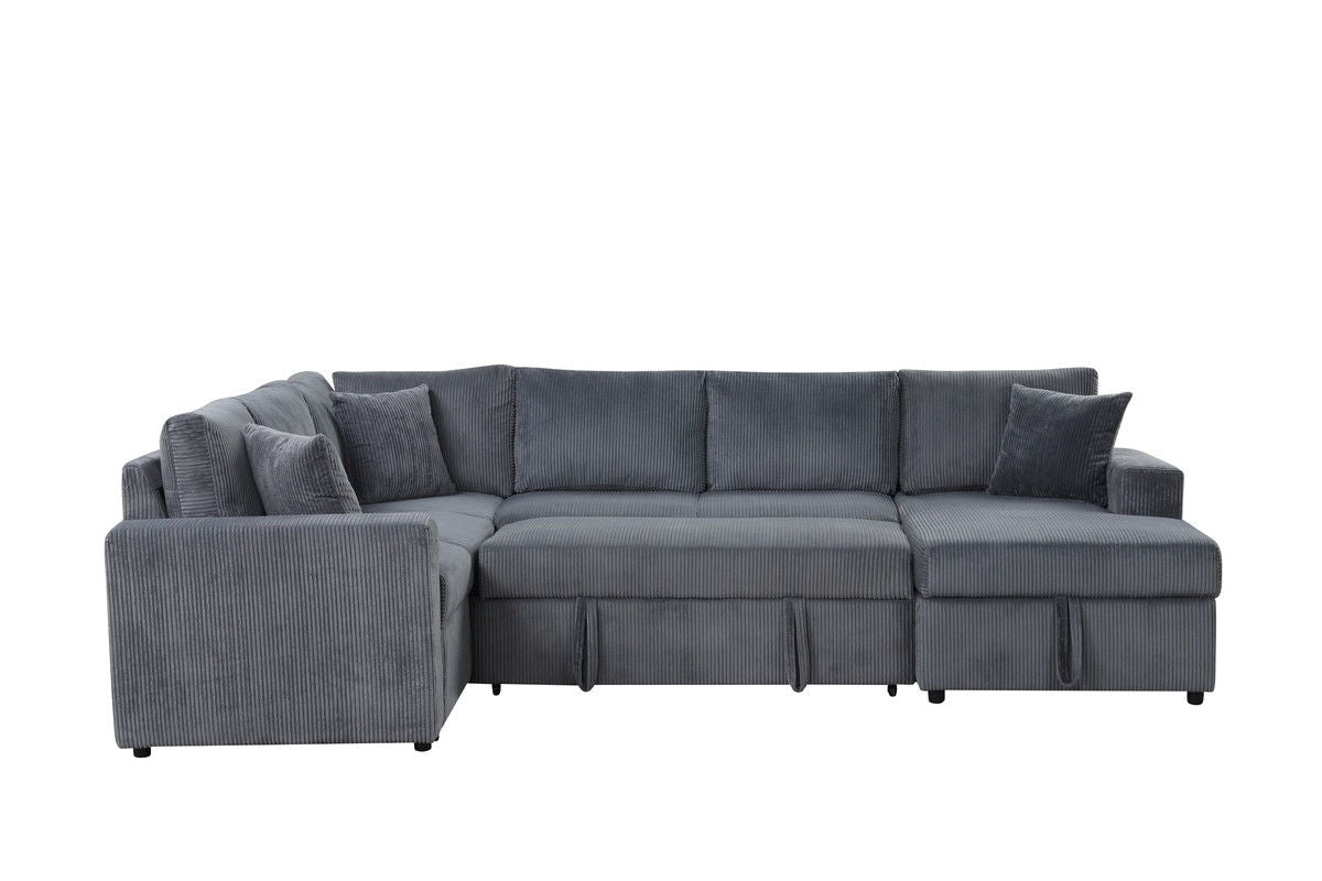 Ruxley 123"W Gray Corduroy Sleeper Sectional Sofa with Right-Facing Storage Chaise and Throw Pillows