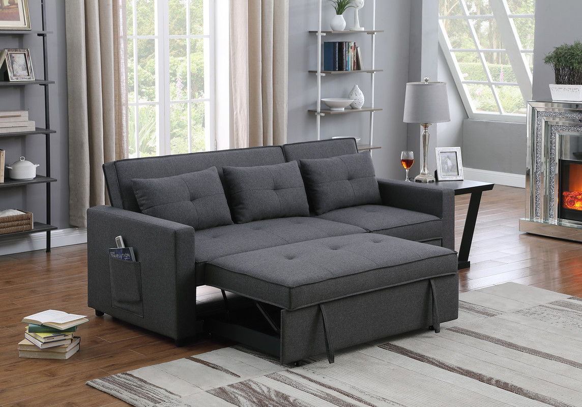 Zoey 79.75"W Dark Gray Linen Convertible Sleeper Sofa with Side Pocket