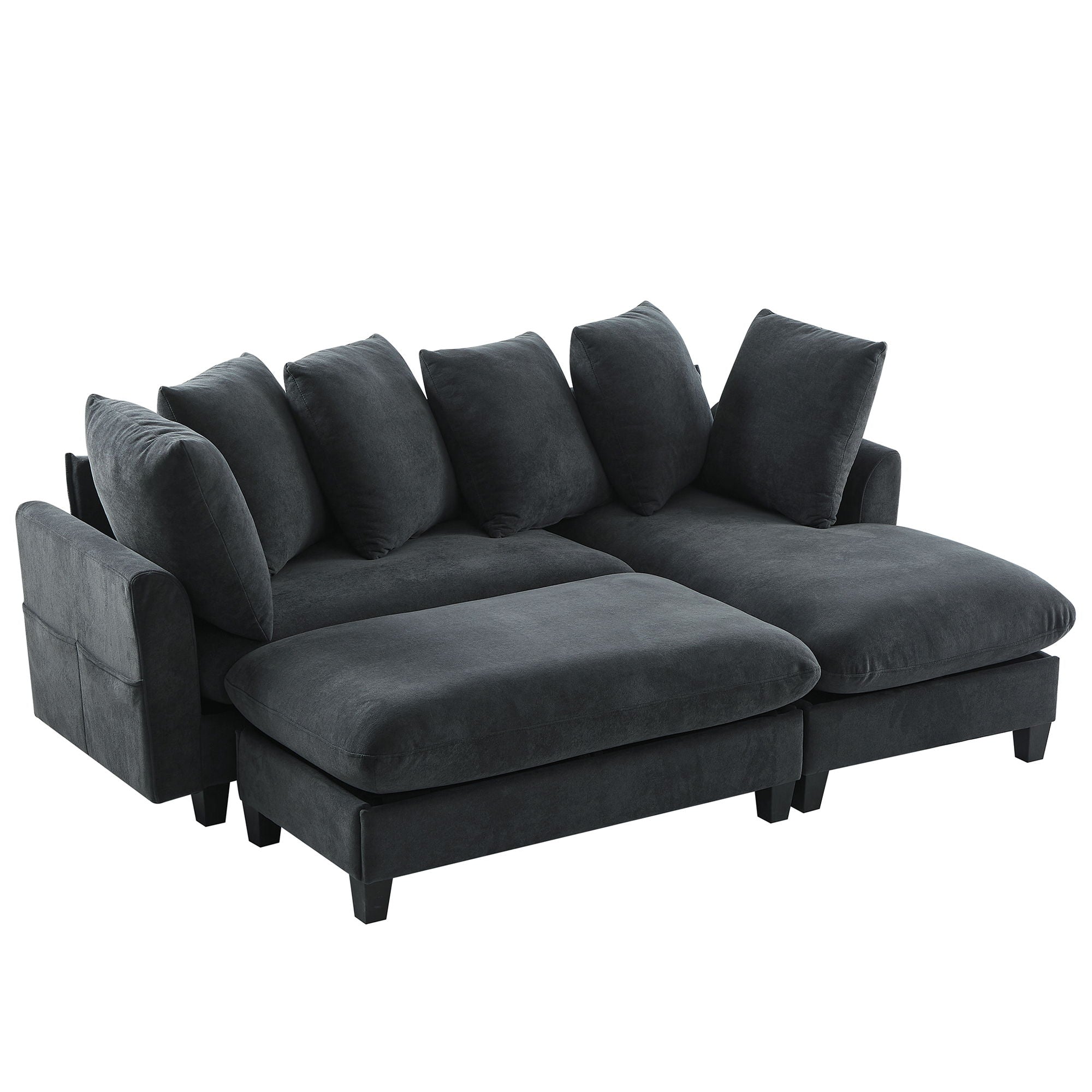 Upholstered L Shaped Sectional Sofa With Storage, Movable Ottoman, And 6 Throw Pillows
