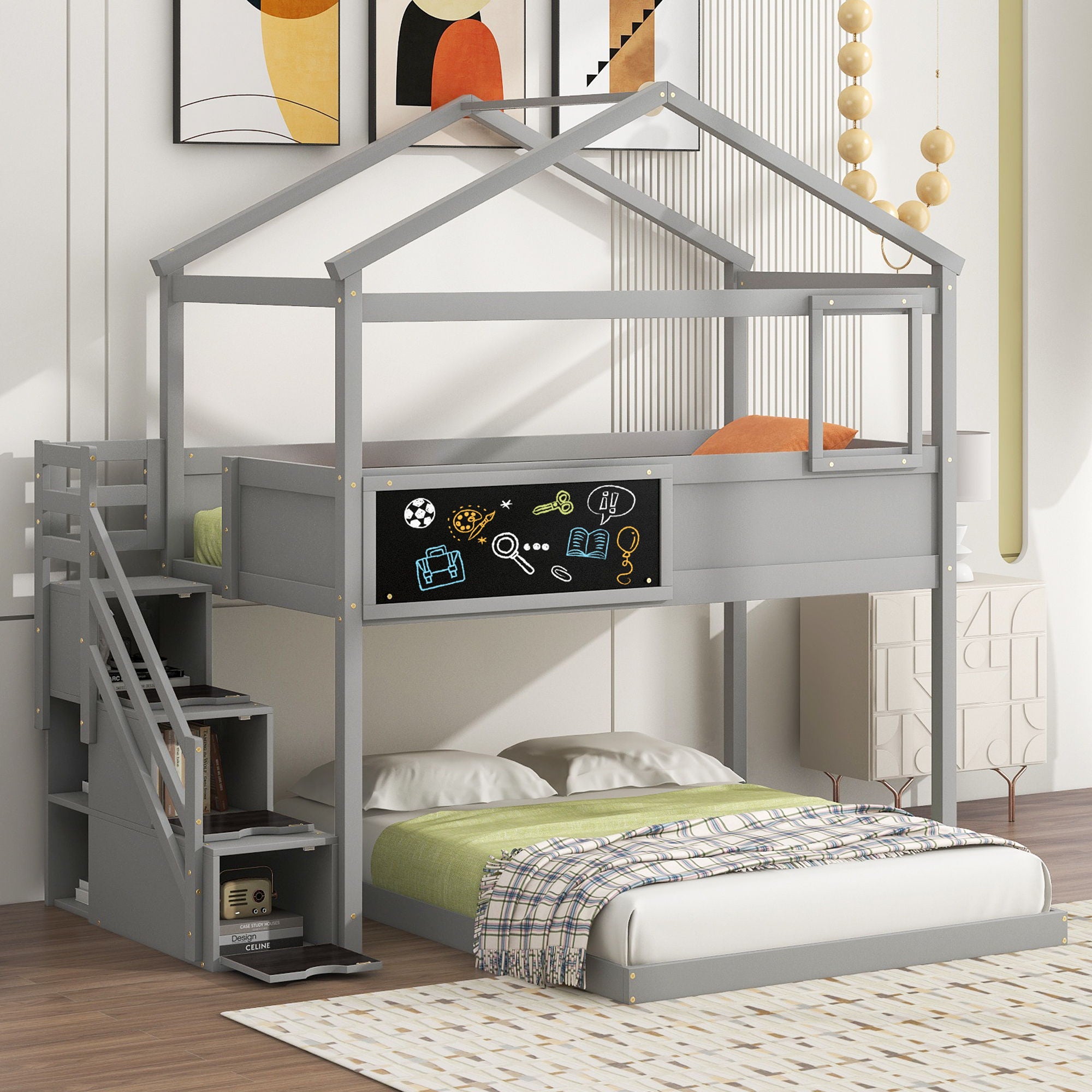House Style Bunk Bed With Storage Staircase And Blackboard