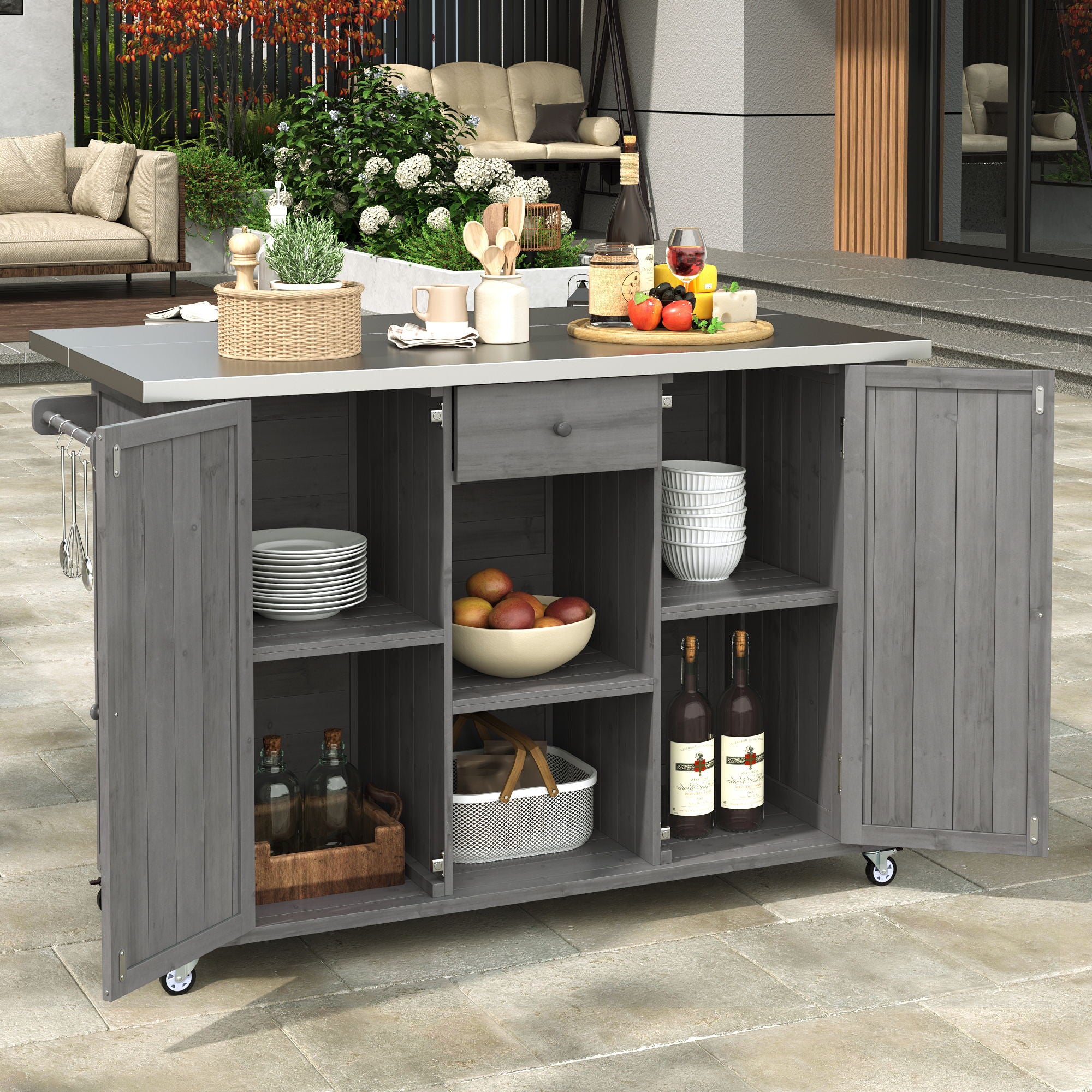 Outdoor Kitchen Island With Stainless Steel Top, Ample Storage Space, Towel And Spice Racks And A Bottle Opener