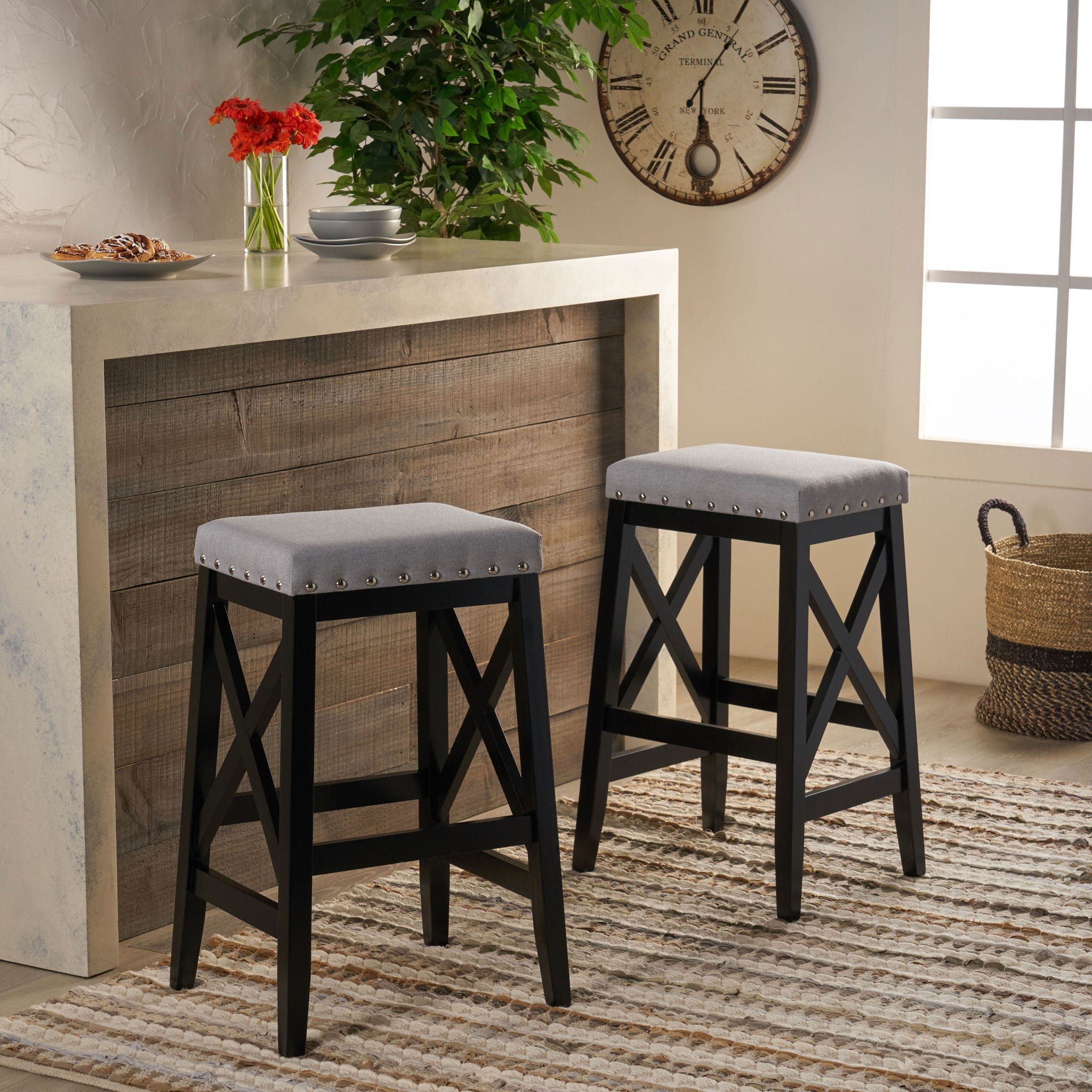 Greely Saddle Barstool Set With Fabric Upholstery - Light Gray