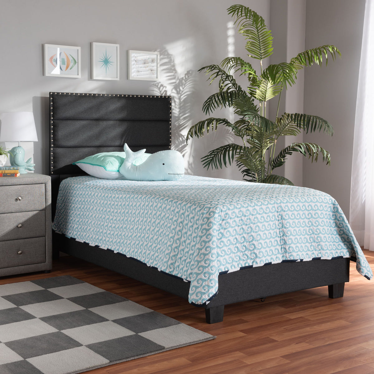 Ansa Modern and Contemporary Dark Grey Fabric Upholstered Twin Size Bed