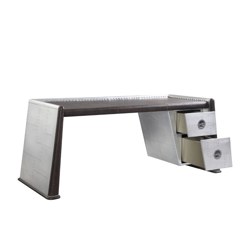 ACME Brancaster - Desk - Distress Chocolate Top Grain Leather & Aluminum | Meri Furniture