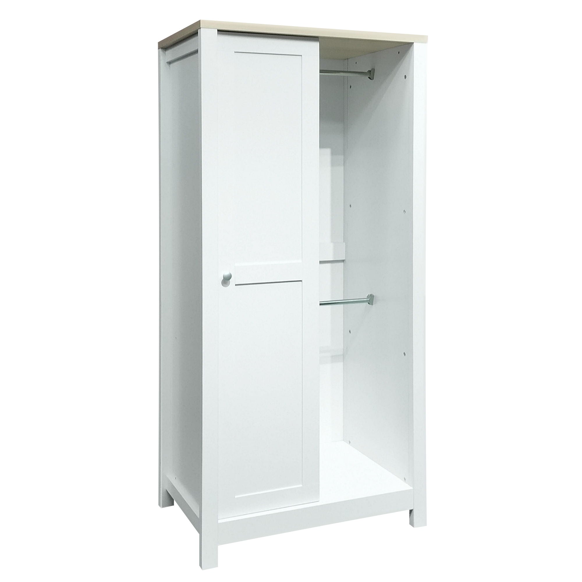 Modern Bedroom Storage Wardrobe With Hanging Rods, 2 Drawers, Open Shelves, Sliding Door - White