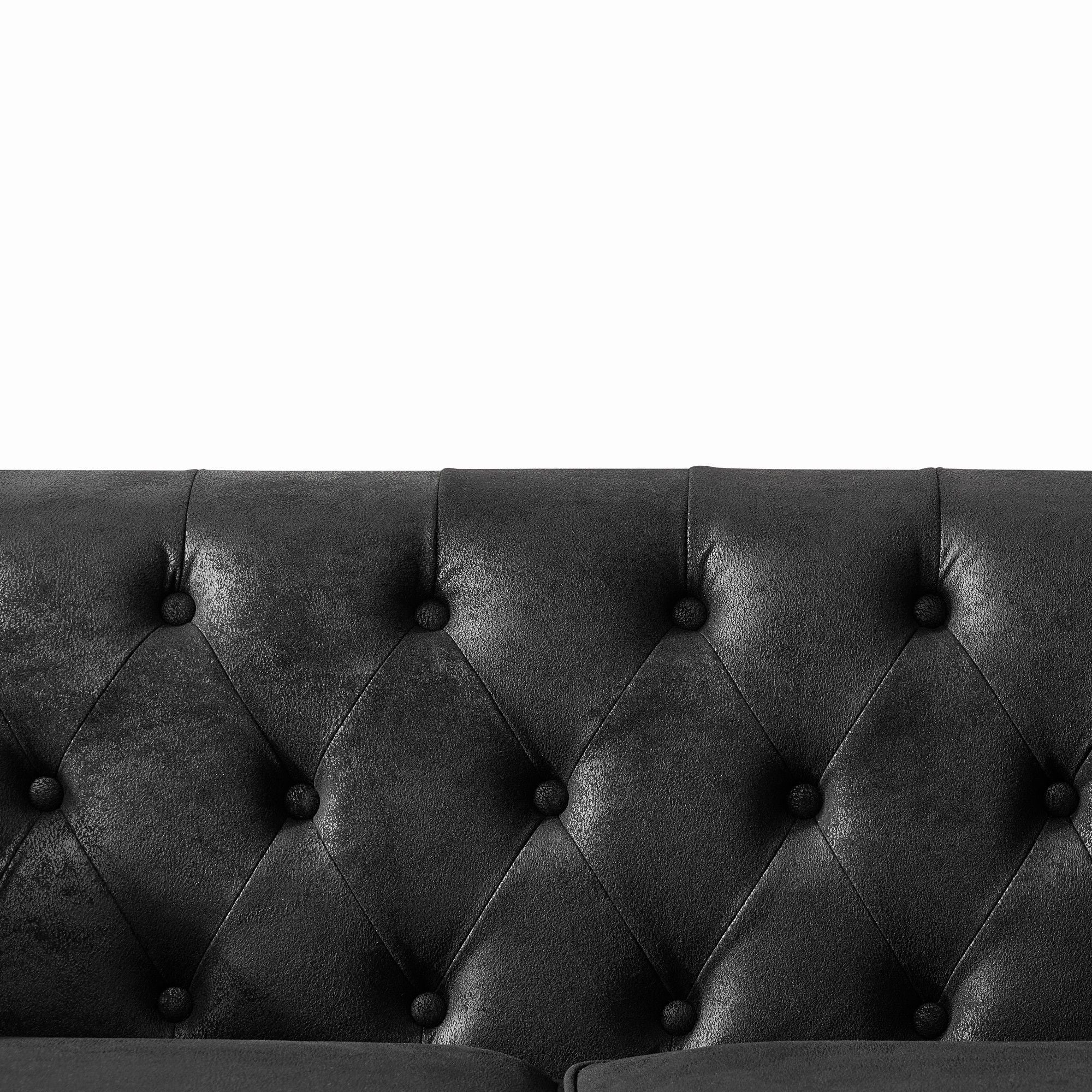 Chesterfield Sofa, High Tech Fabric Roll Armrest, 3 Seater Mid Century Modern Couch - Black
