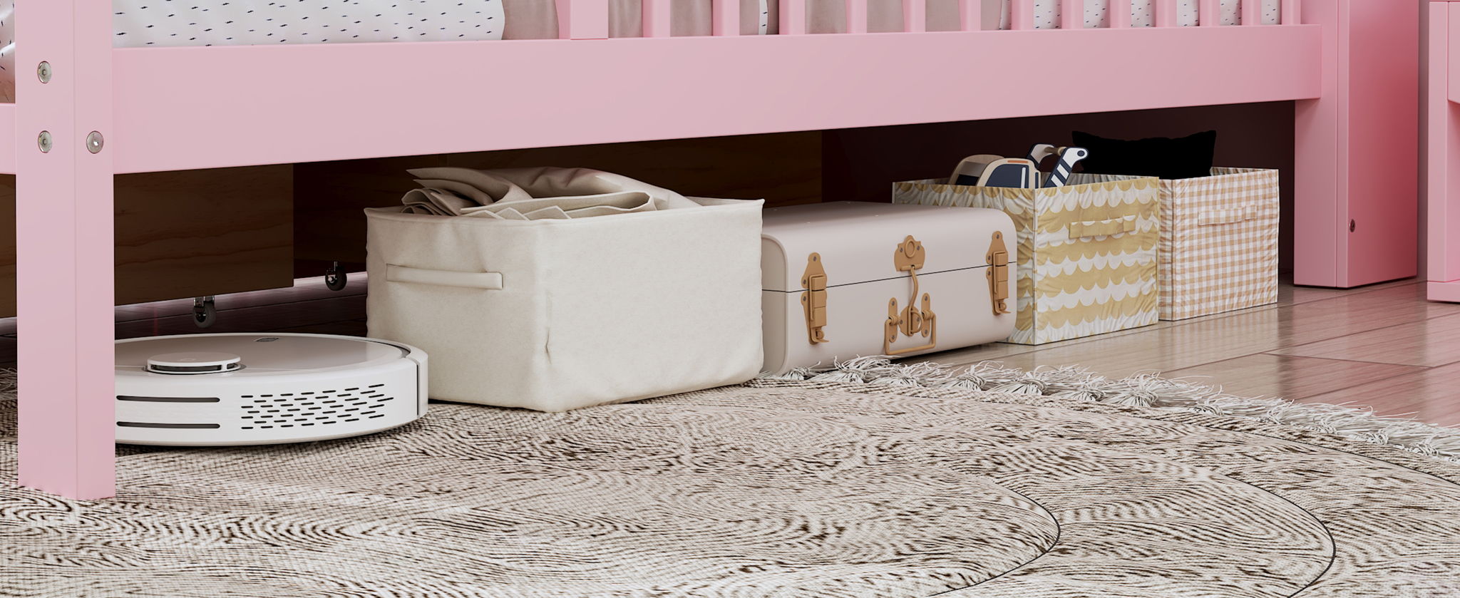 Bed With Headboard Storage Rack, 2 Under Bed Drawers, 3 Side Guardrails For Safety