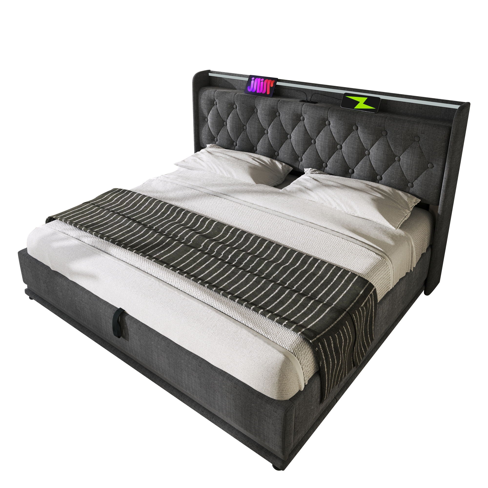 Upholstered Bed, 360 Surround LED Function, Remote Control, Hydraulic Storage Bed With USB, Type-C Charging (Without Mattress)