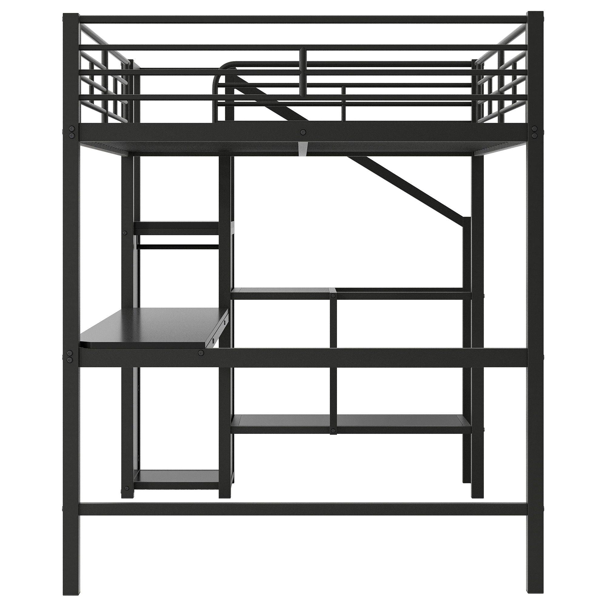 Full Size Loft Bed With Desk, Storage Staircase, Small Wardrobe And LED Light - Black