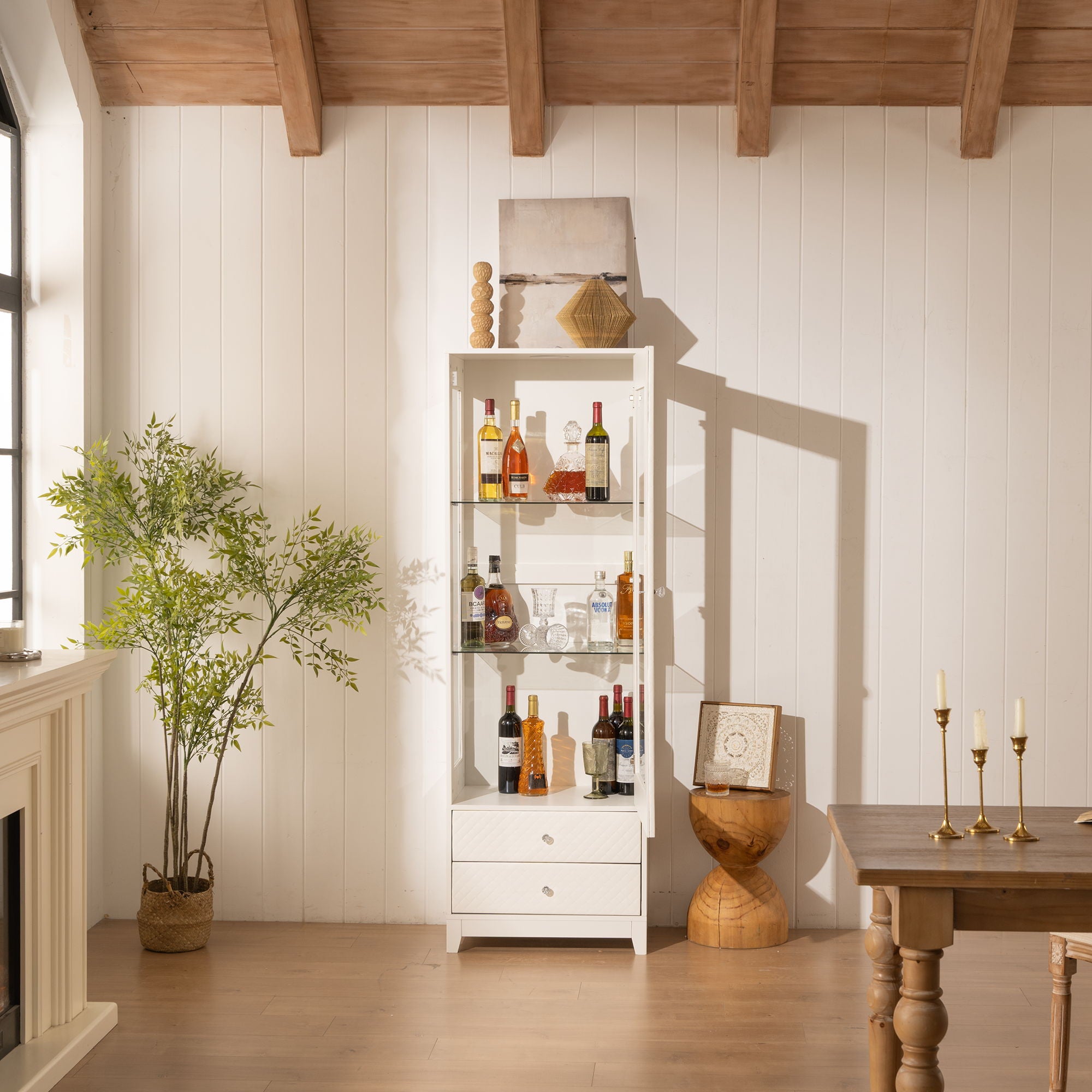 Modern Upholstered Glass Display Cabinet With Adjustable LED Light - White