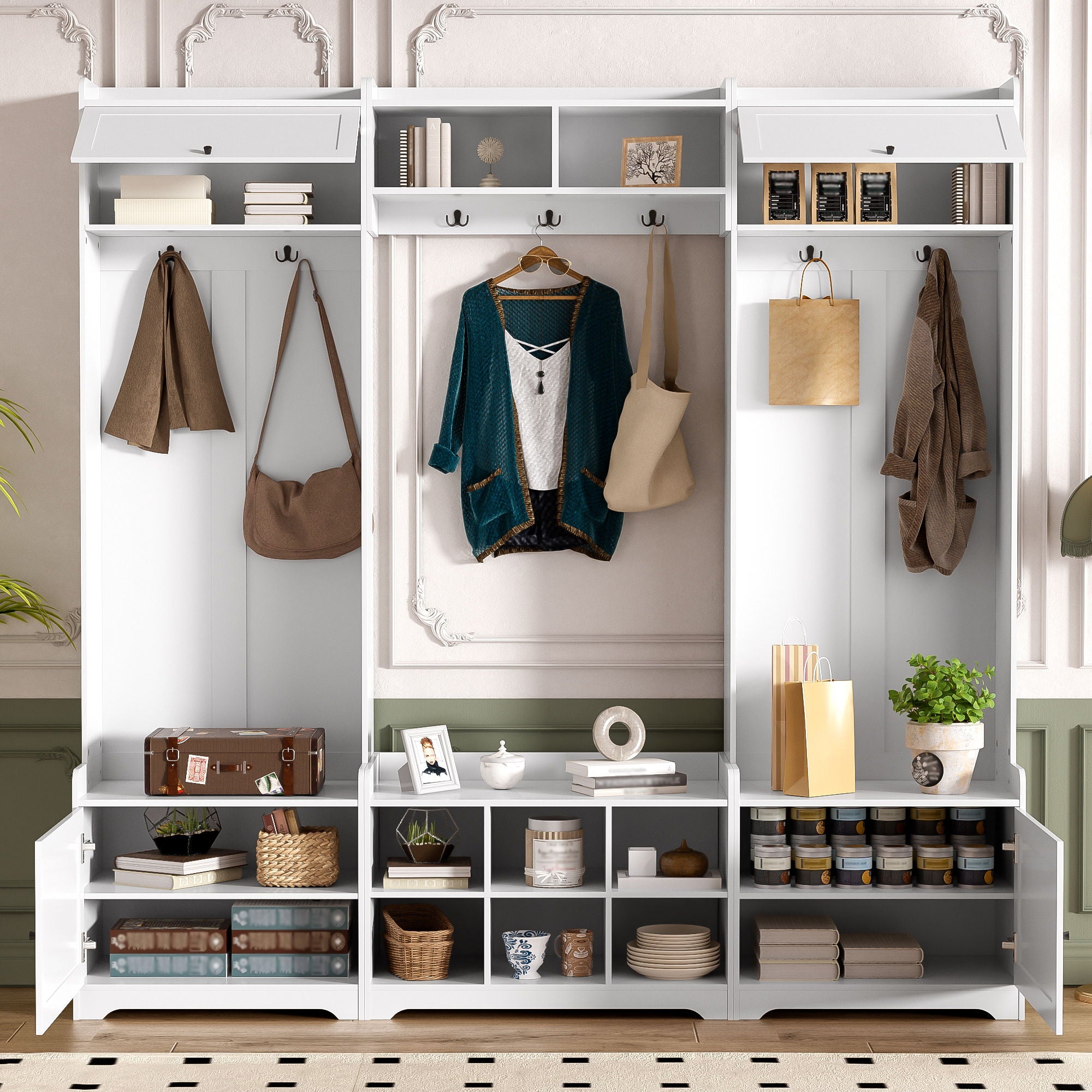 Wide Hall Tree With Shoe Storage, 4 In 1 Entryway Bench With 8 Cubbies, 7 Coat Hooks & Adjustable Shelf For Hallway - White