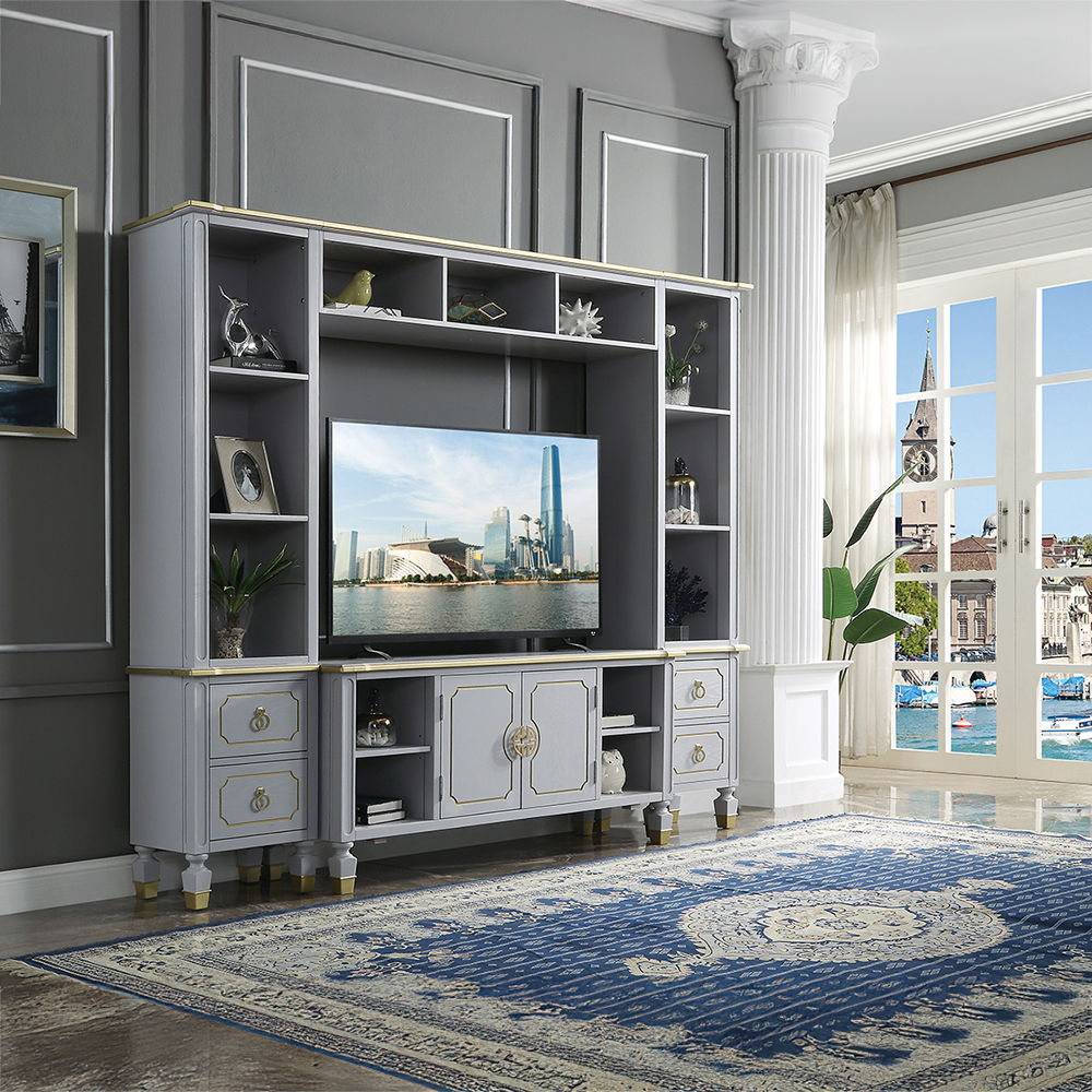 House Marchese - Entertainment Center - Gold Trim & Pearl Gray
