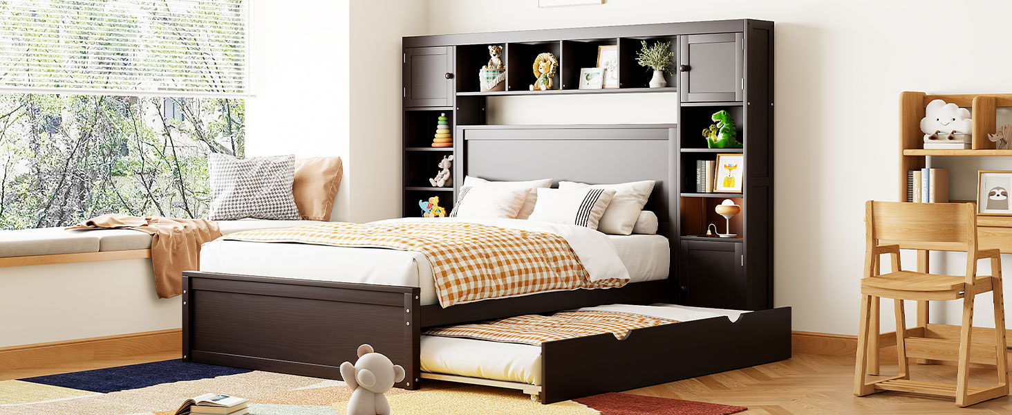 Bed With All In One Cabinet, Shelf And Sockets, Trundle