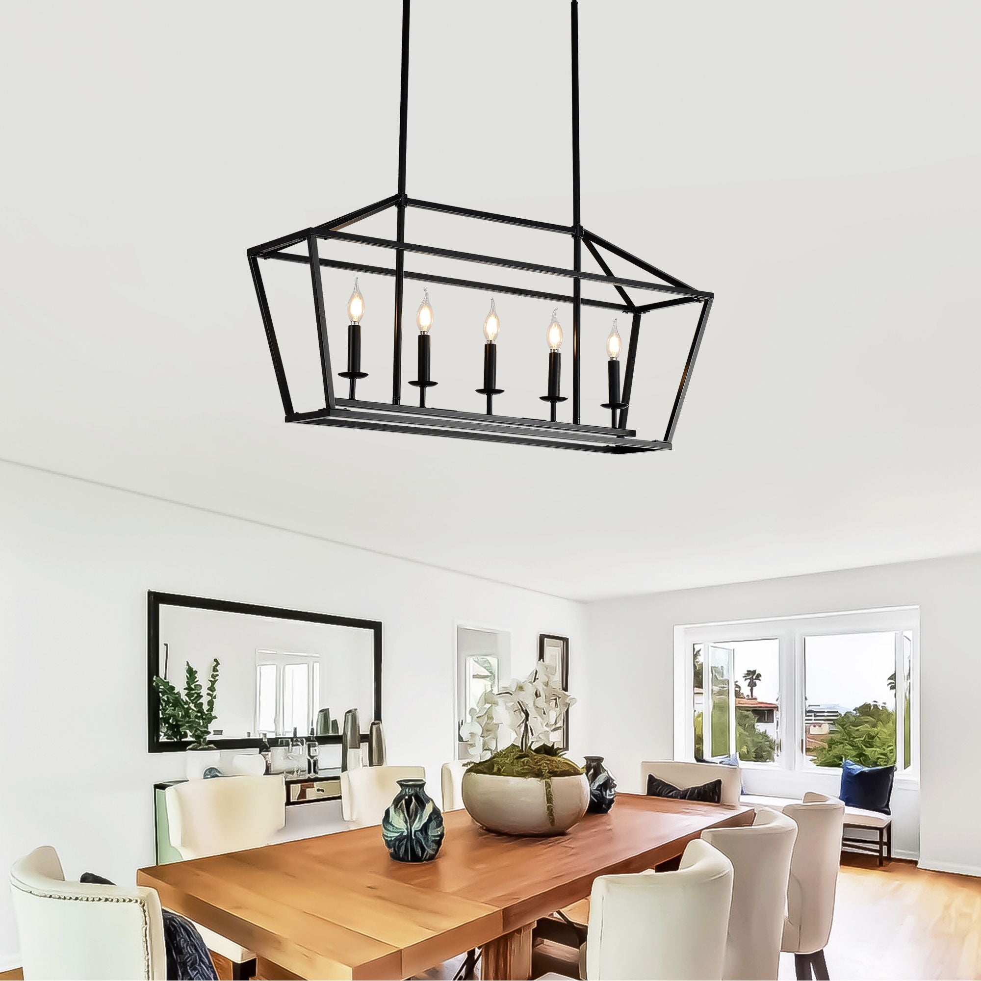 5 Light Farmhouse Kitchen Island Lighting, 5 Light Industrial Linear Chandelier For Dining Room Metal Hanging Pendant Light Fixture For Bedroom Living Room Hallway Conference Room - Matte Black