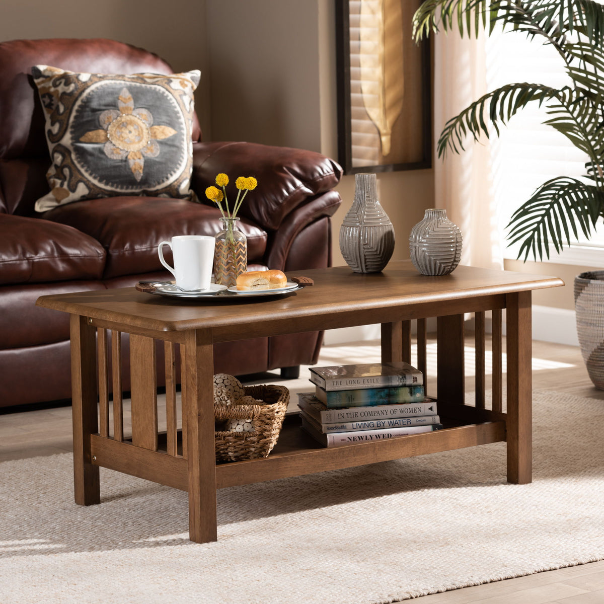Rylie Traditional Transitional Mission Style Walnut Brown Finished Rectangular Wood Coffee Table