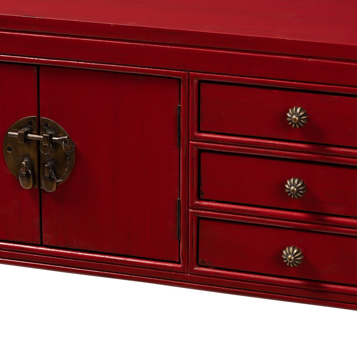 Melodie Classic and Antique Red Finished Wood Bronze Finished Accents 6-Drawer Console Table