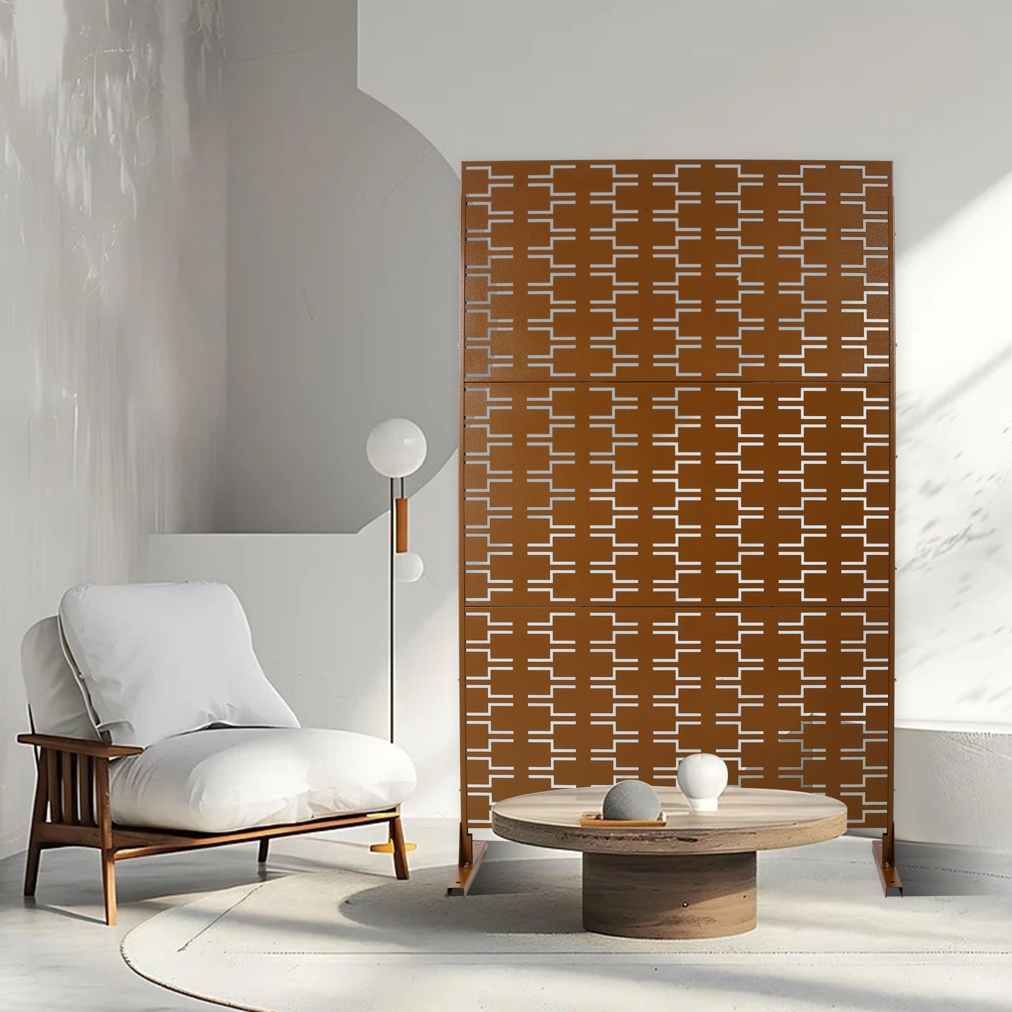 Freestanding Decorative Privacy Screen For Deck Balcony Patio, Metal Privacy - Brown