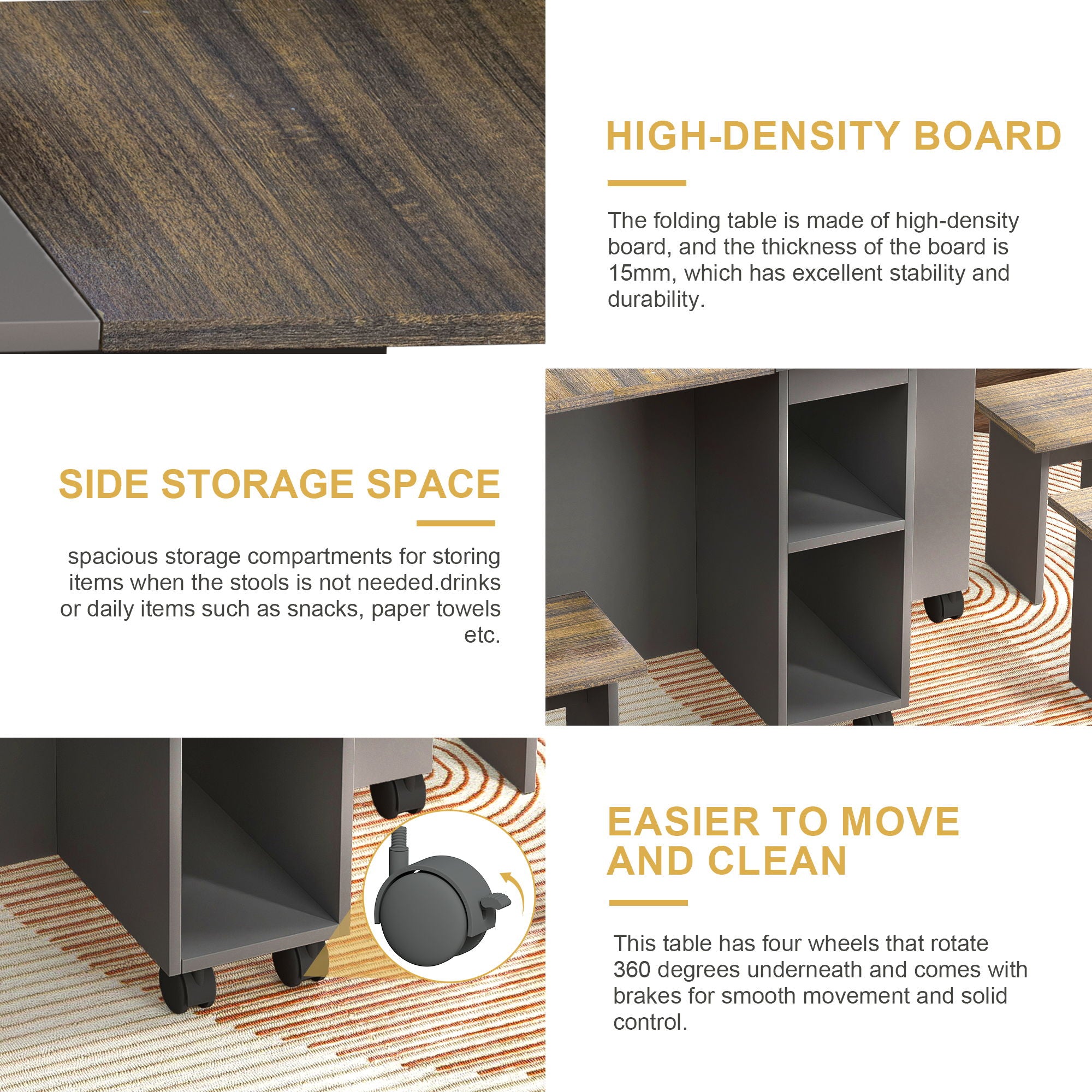 Contemporary 5 Piece Folding Extendable Dining Table Set With Chairs For 4 - Brown