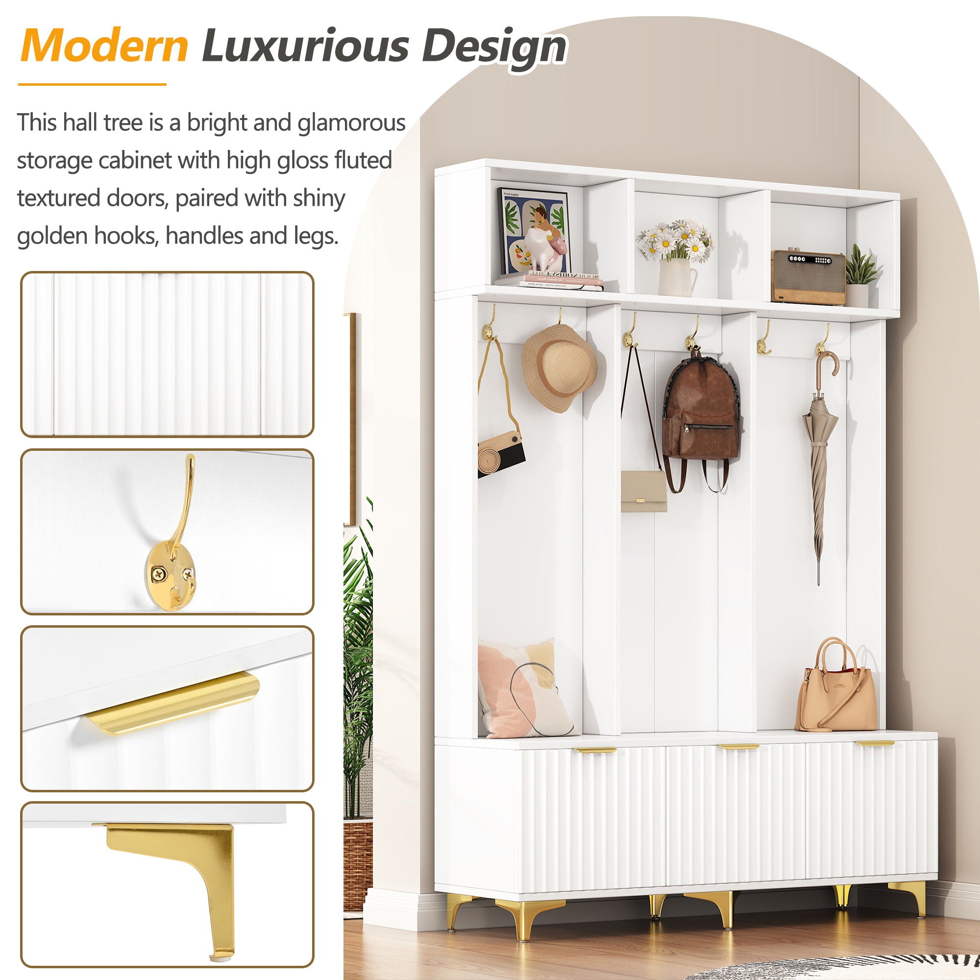 Modern Large Storage Hall Tree With Bench, 6 Hooks