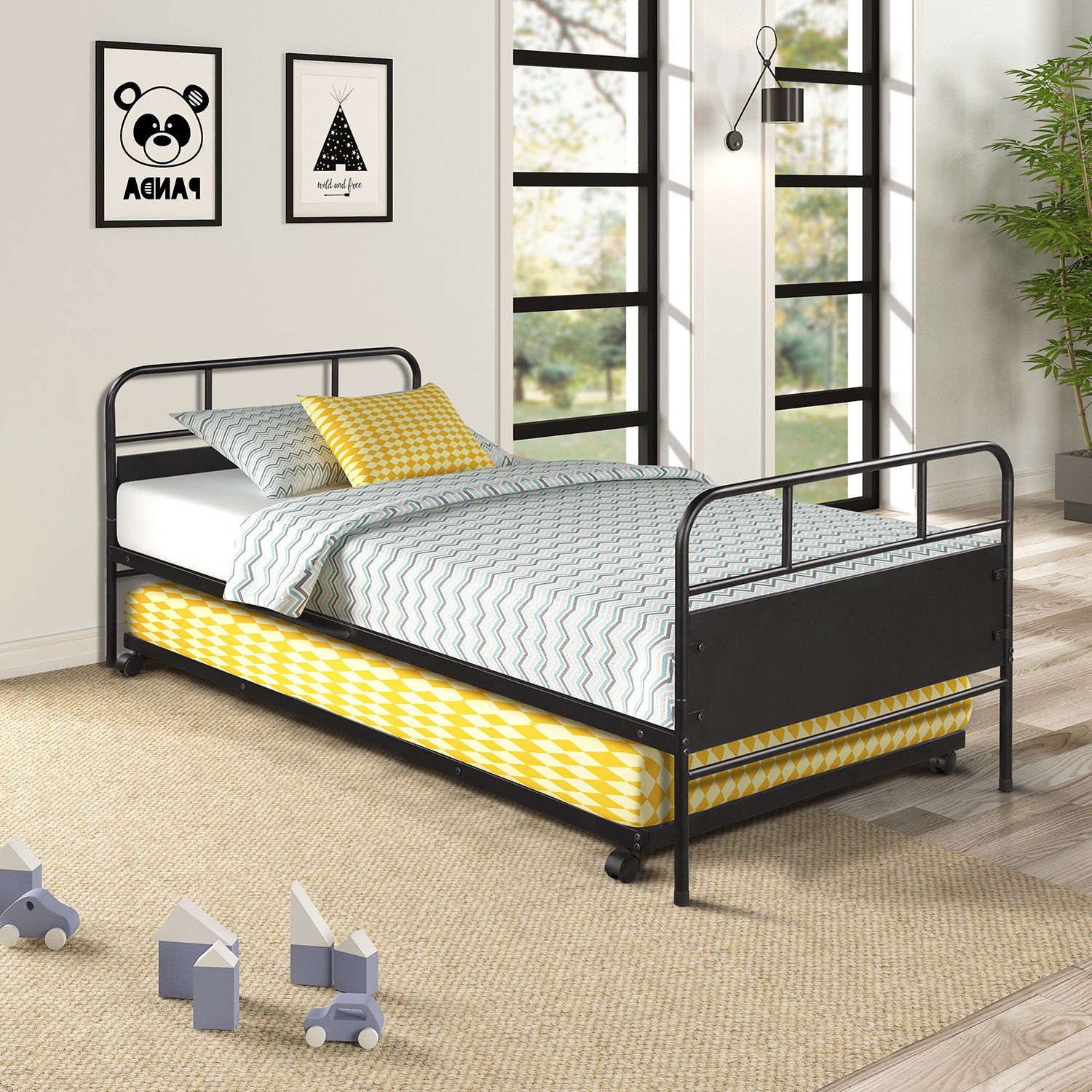 Twin Size Daybed Platform Bed Frame With Trundle Built In Casters - Black