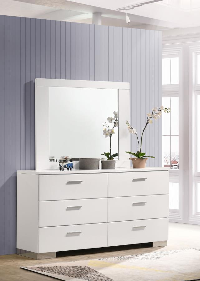 Coaster Fine Furniture Felicity - 6-Drawer Wood Dresser With Mirror - White High Gloss | Meri Furniture